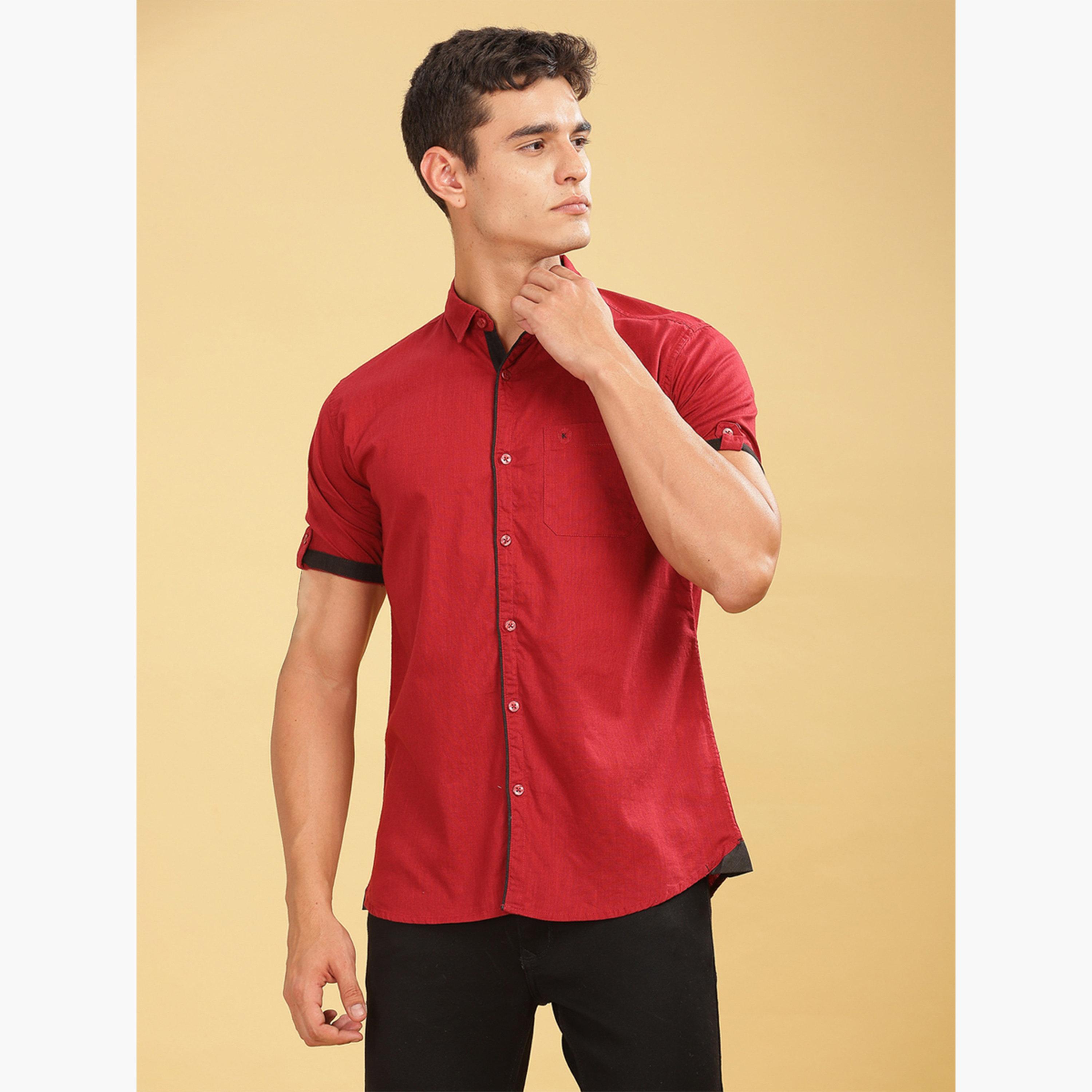 قميص رجالي مزيج كتان أحمر بأكمام قصيرة-men-clothing-shirts-image-1