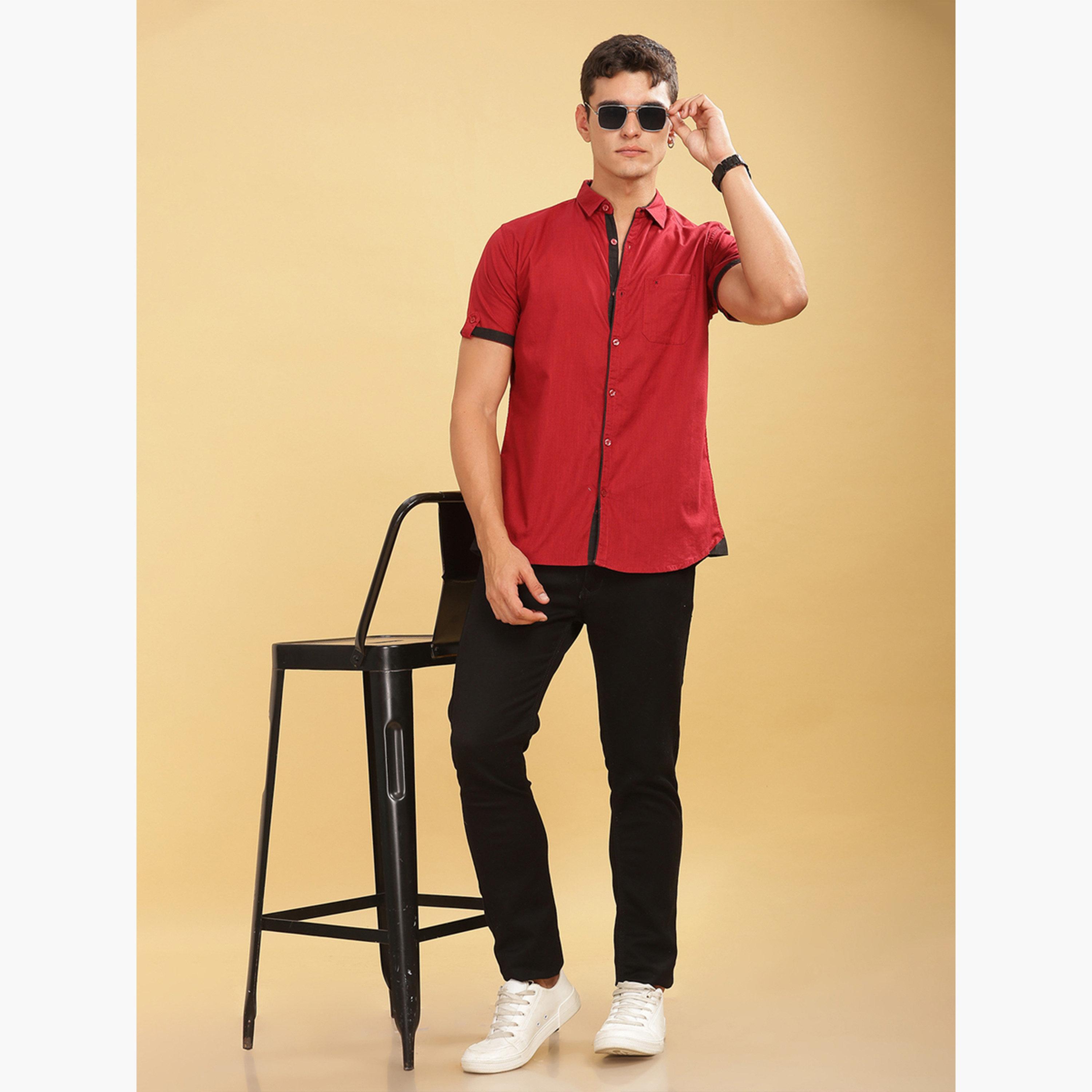 KUONS AVENUE X Styli Men Red Linen Blend Short Sleeve Shirt-men-clothing-shirts-image-2
