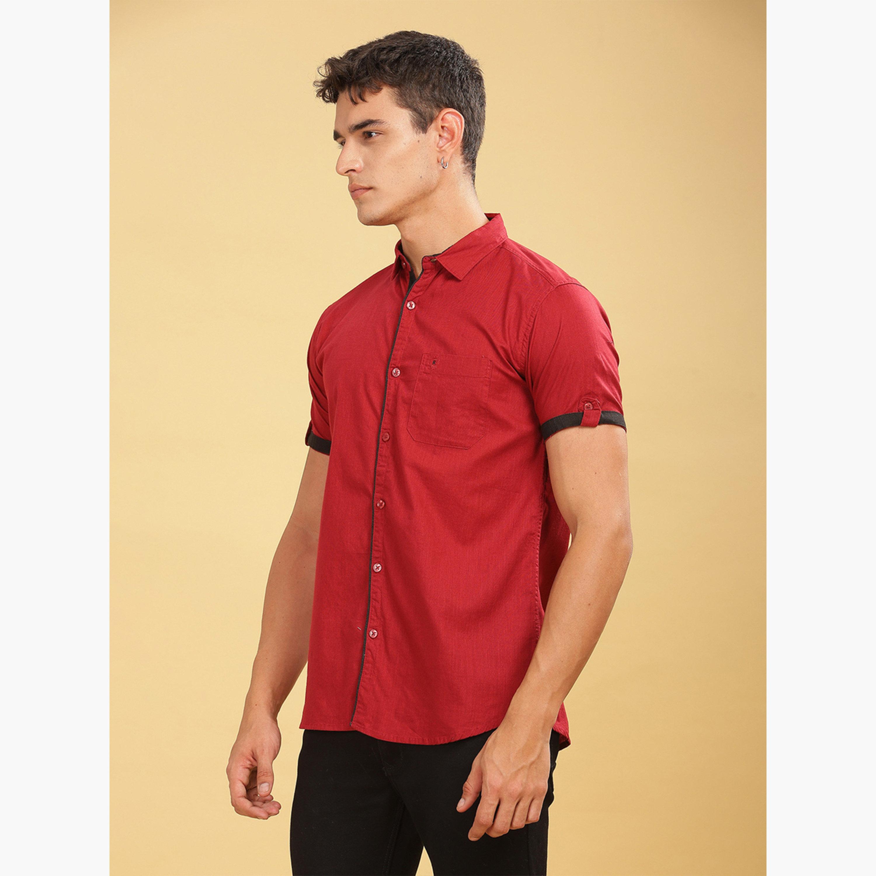 قميص رجالي مزيج كتان أحمر بأكمام قصيرة-men-clothing-shirts-image-5