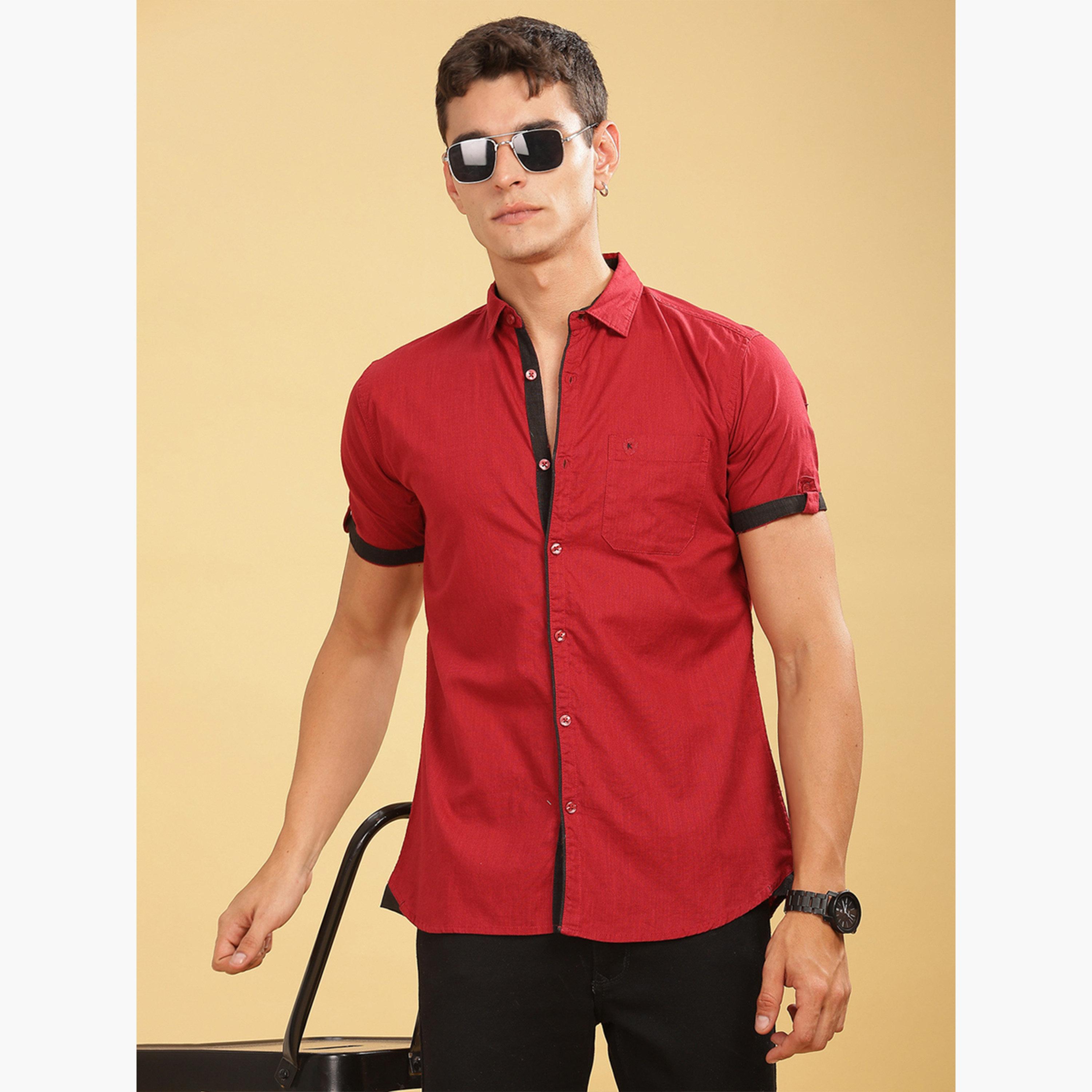 قميص رجالي مزيج كتان أحمر بأكمام قصيرة-men-clothing-shirts-image-6