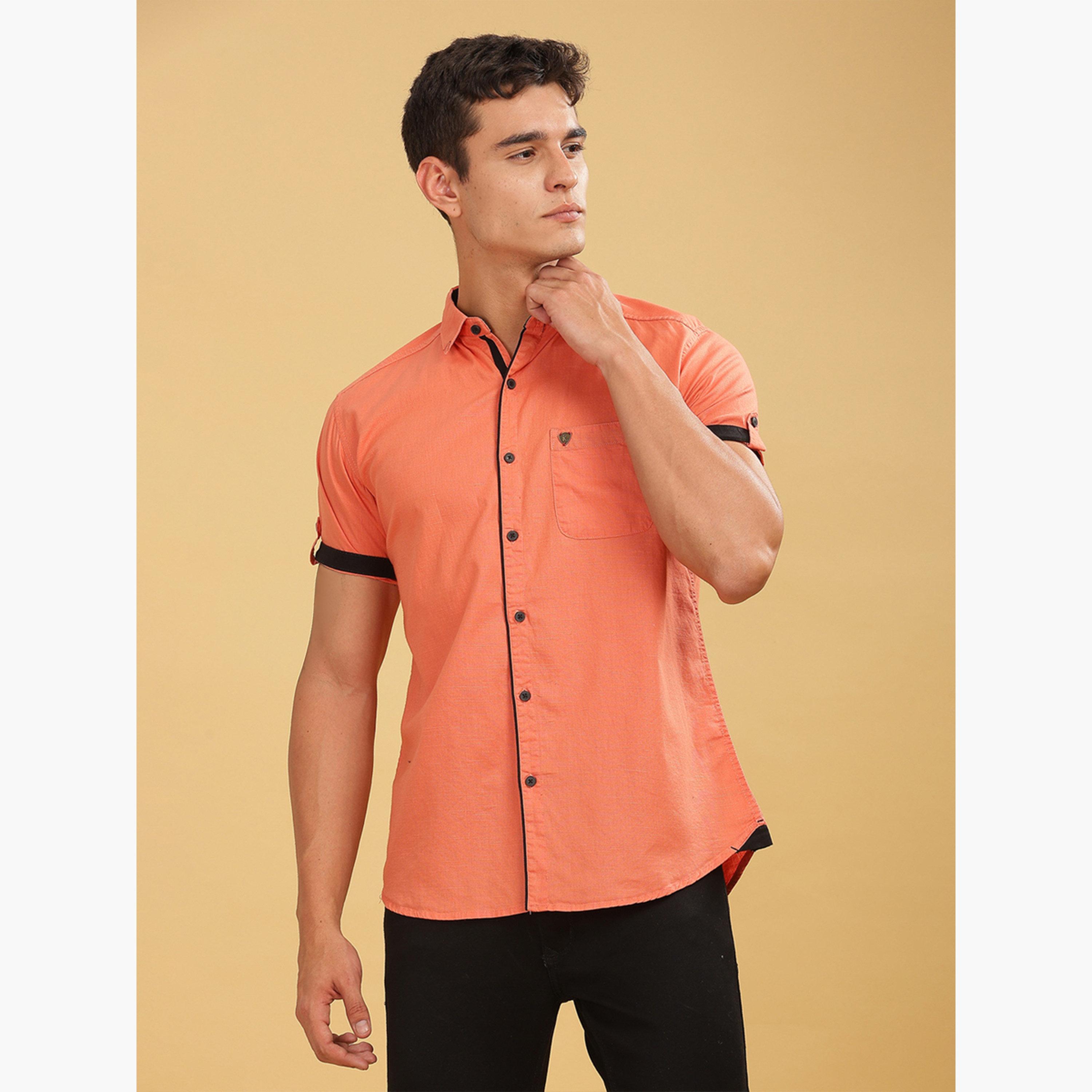 KUONS AVENUE X Styli Men Orange Linen Blend Short Sleeve Shirt-men-clothing-shirts-image-1