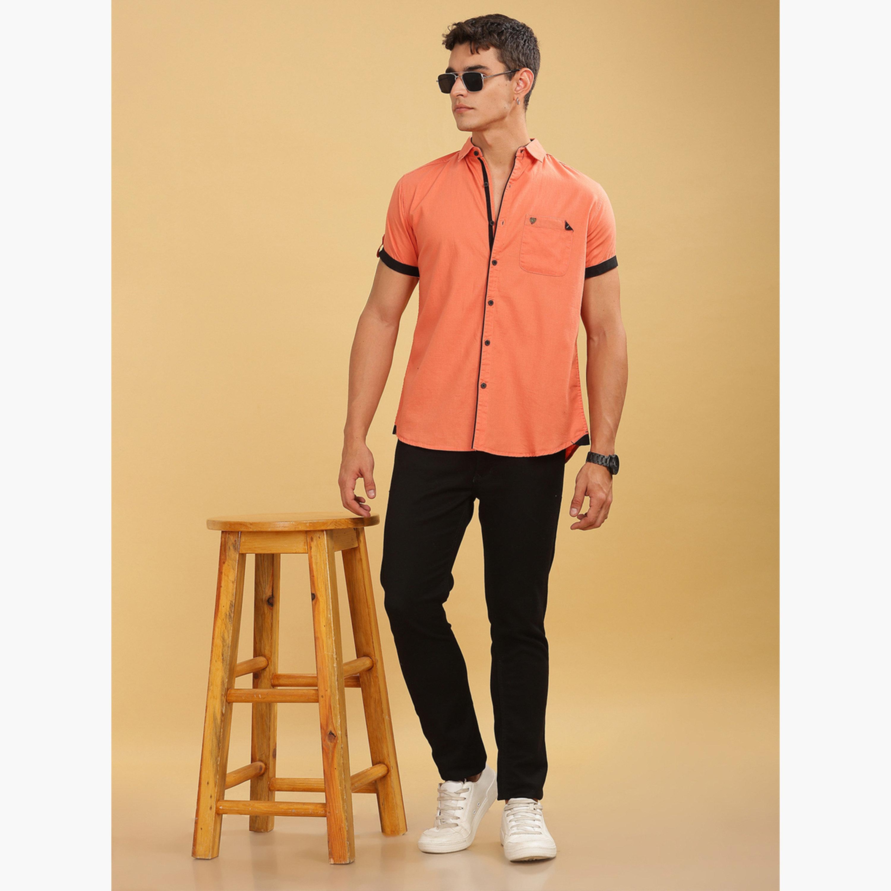 KUONS AVENUE X Styli Men Orange Linen Blend Short Sleeve Shirt-men-clothing-shirts-image-2