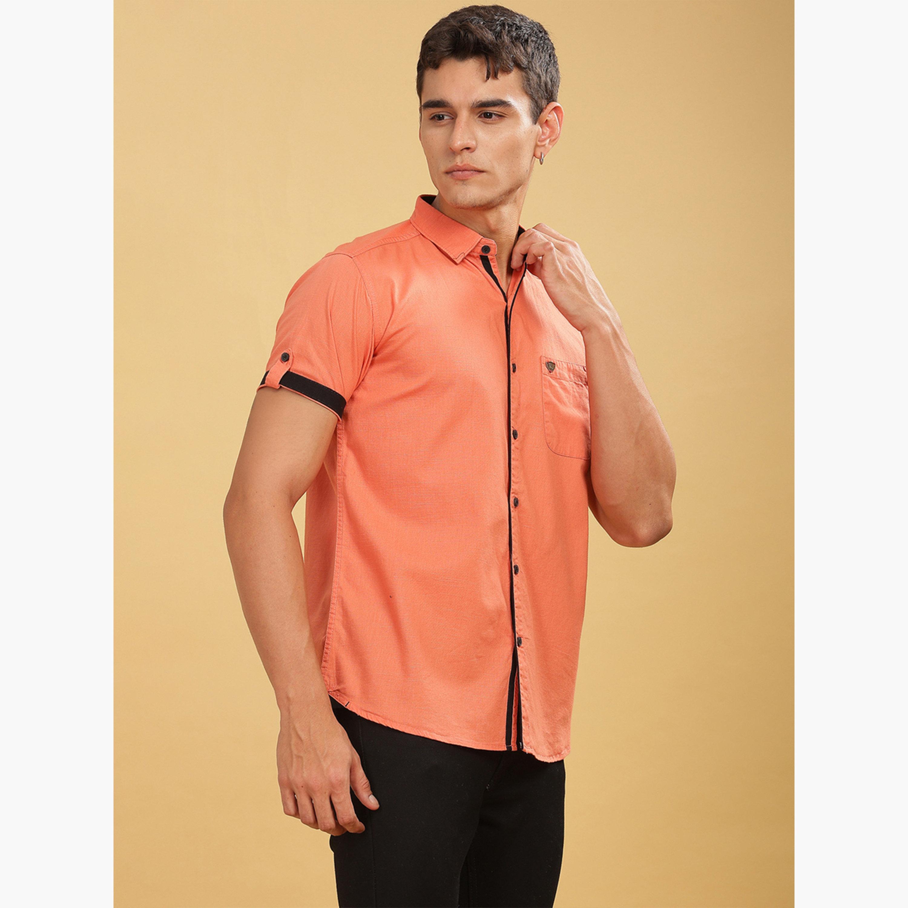 KUONS AVENUE X Styli Men Orange Linen Blend Short Sleeve Shirt-men-clothing-shirts-image-4