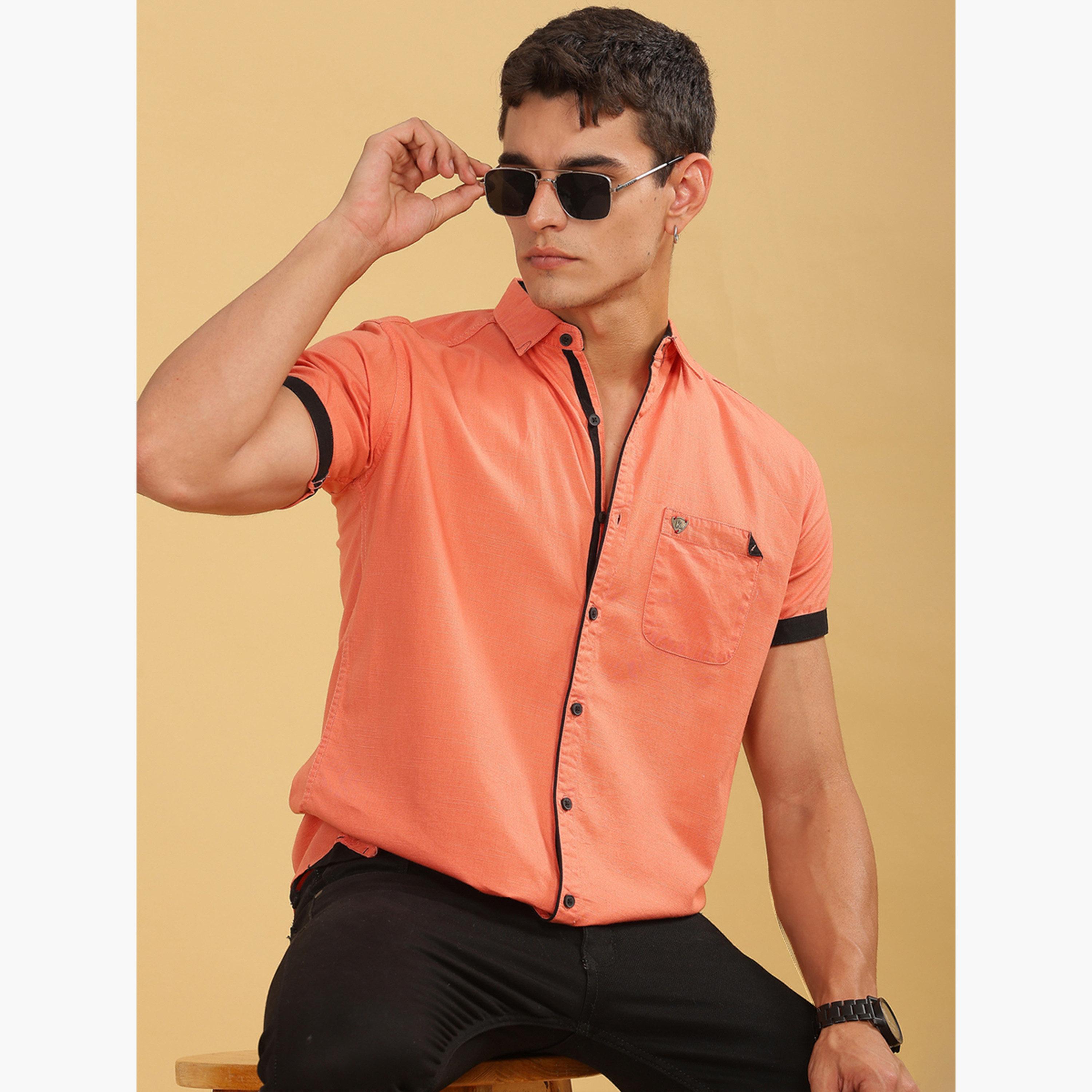 KUONS AVENUE X Styli Men Orange Linen Blend Short Sleeve Shirt-men-clothing-shirts-image-6