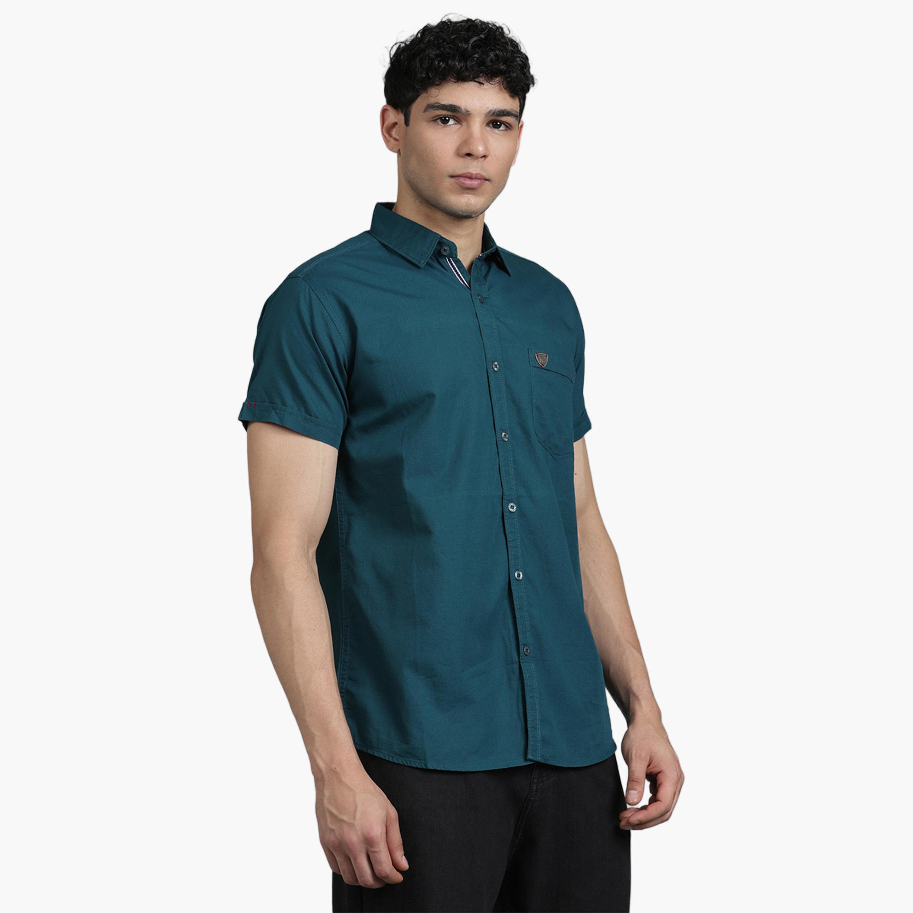 قميص رجالي مزيج كتان أخضر بأكمام قصيرة-men-clothing-shirts-image-1