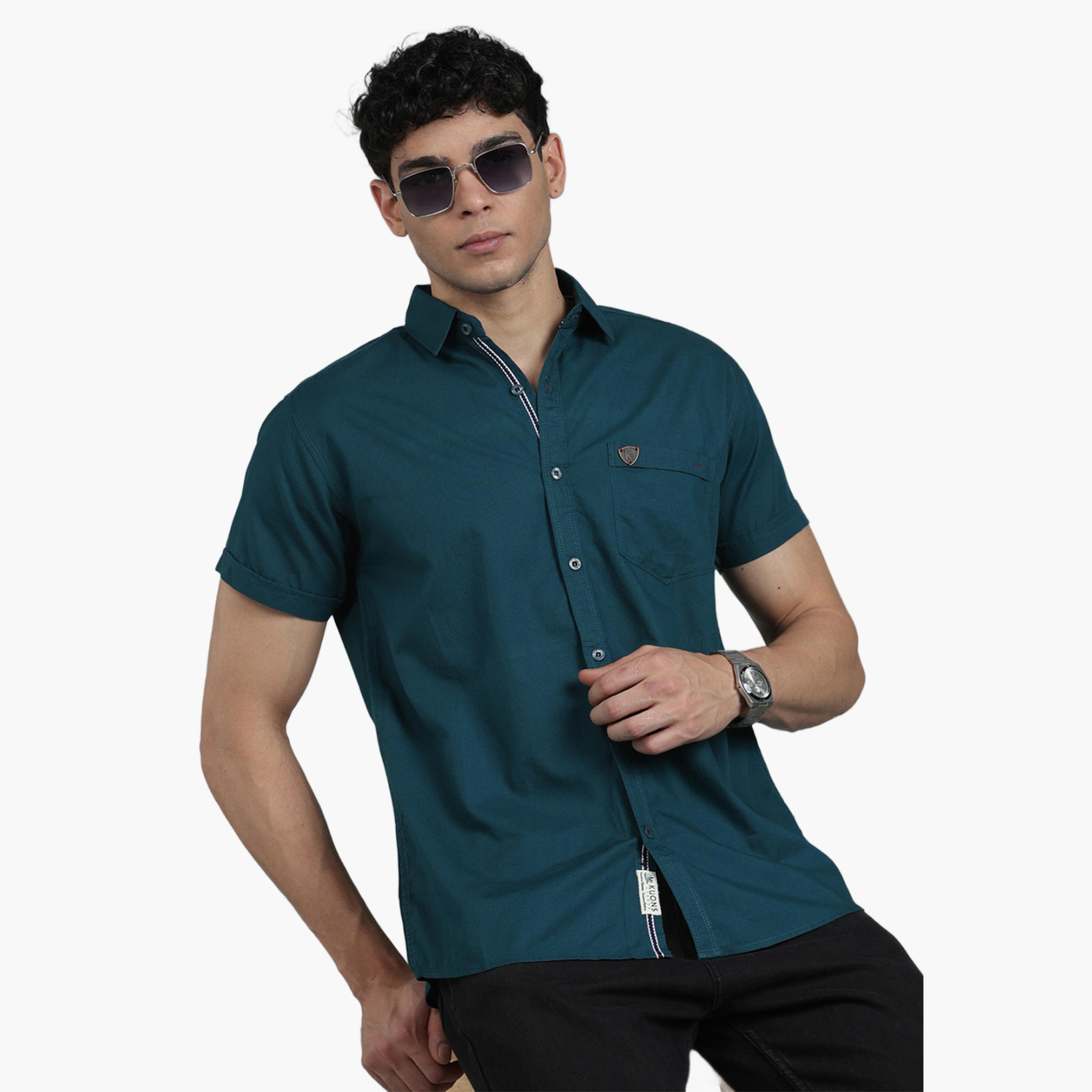 قميص رجالي مزيج كتان أخضر بأكمام قصيرة-men-clothing-shirts-image-4