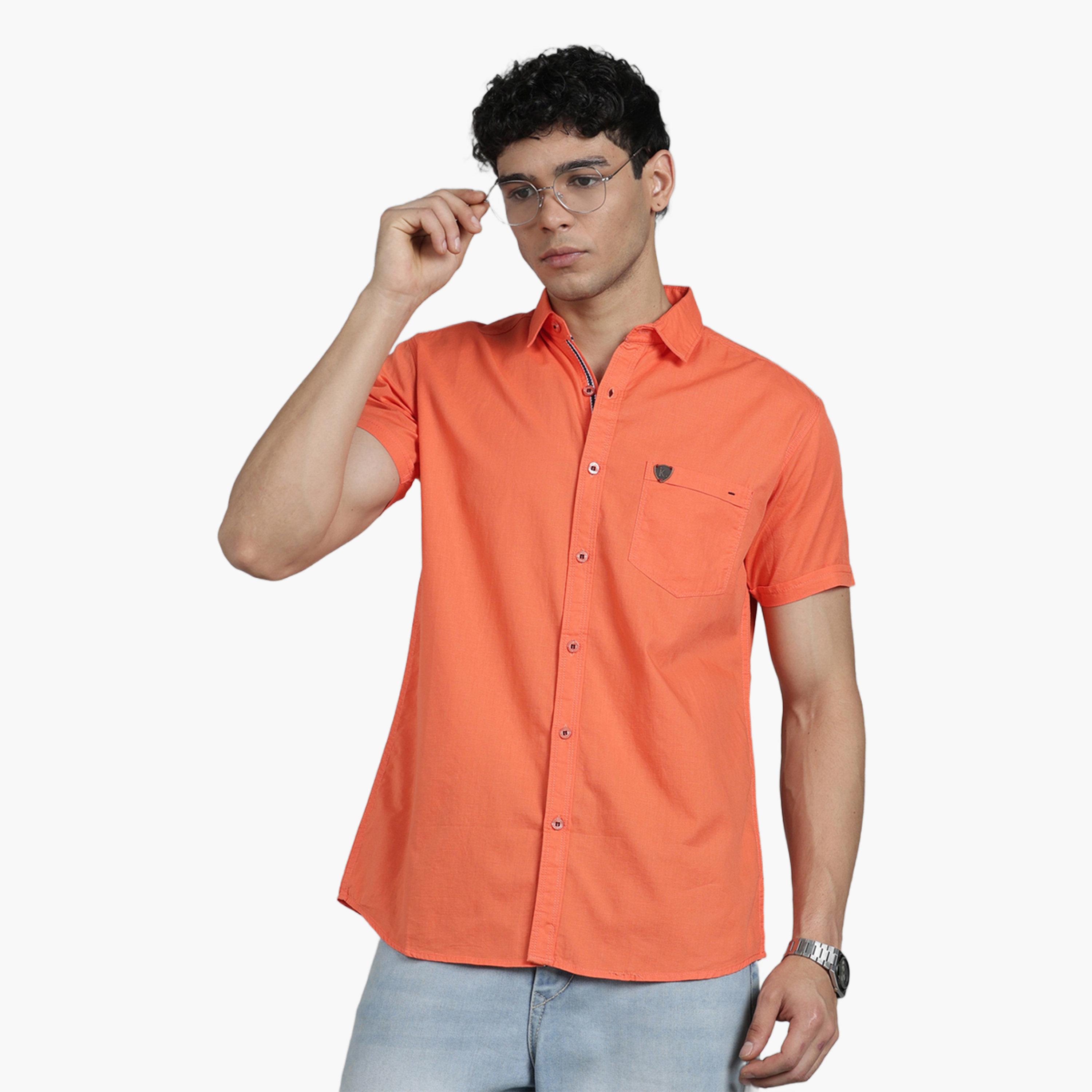 KUONS AVENUE X Styli Men Peach Linen Blend Short Sleeve Shirt-men-clothing-shirts-image-1