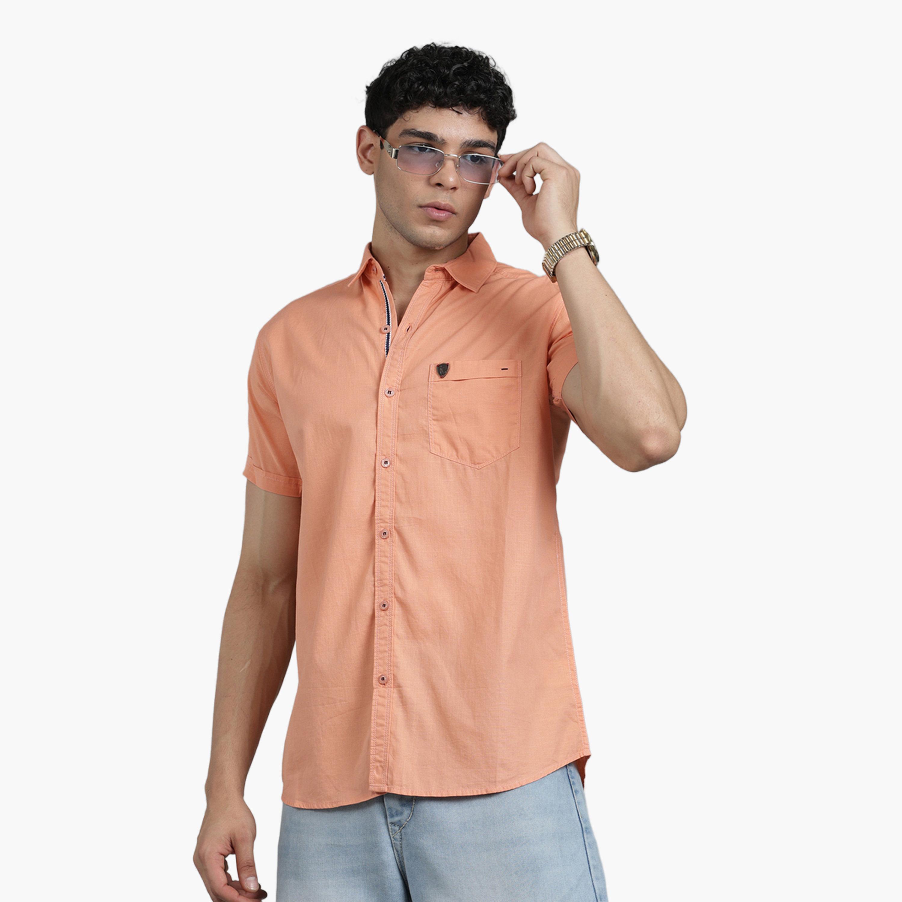 KUONS AVENUE X Styli Men Peach Linen Blend Short Sleeve Shirt-men-clothing-shirts-image-1