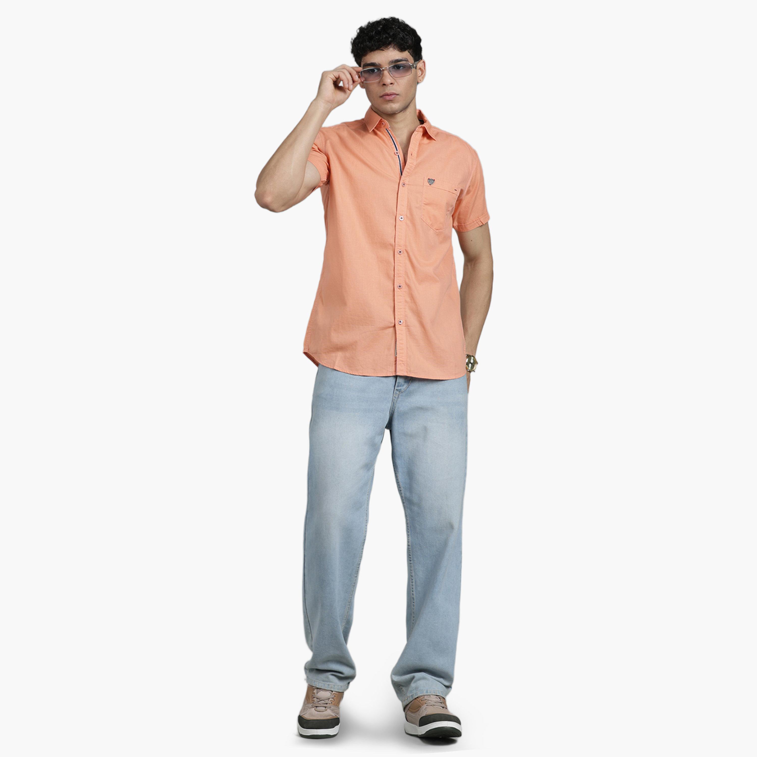 KUONS AVENUE X Styli Men Peach Linen Blend Short Sleeve Shirt-men-clothing-shirts-image-2