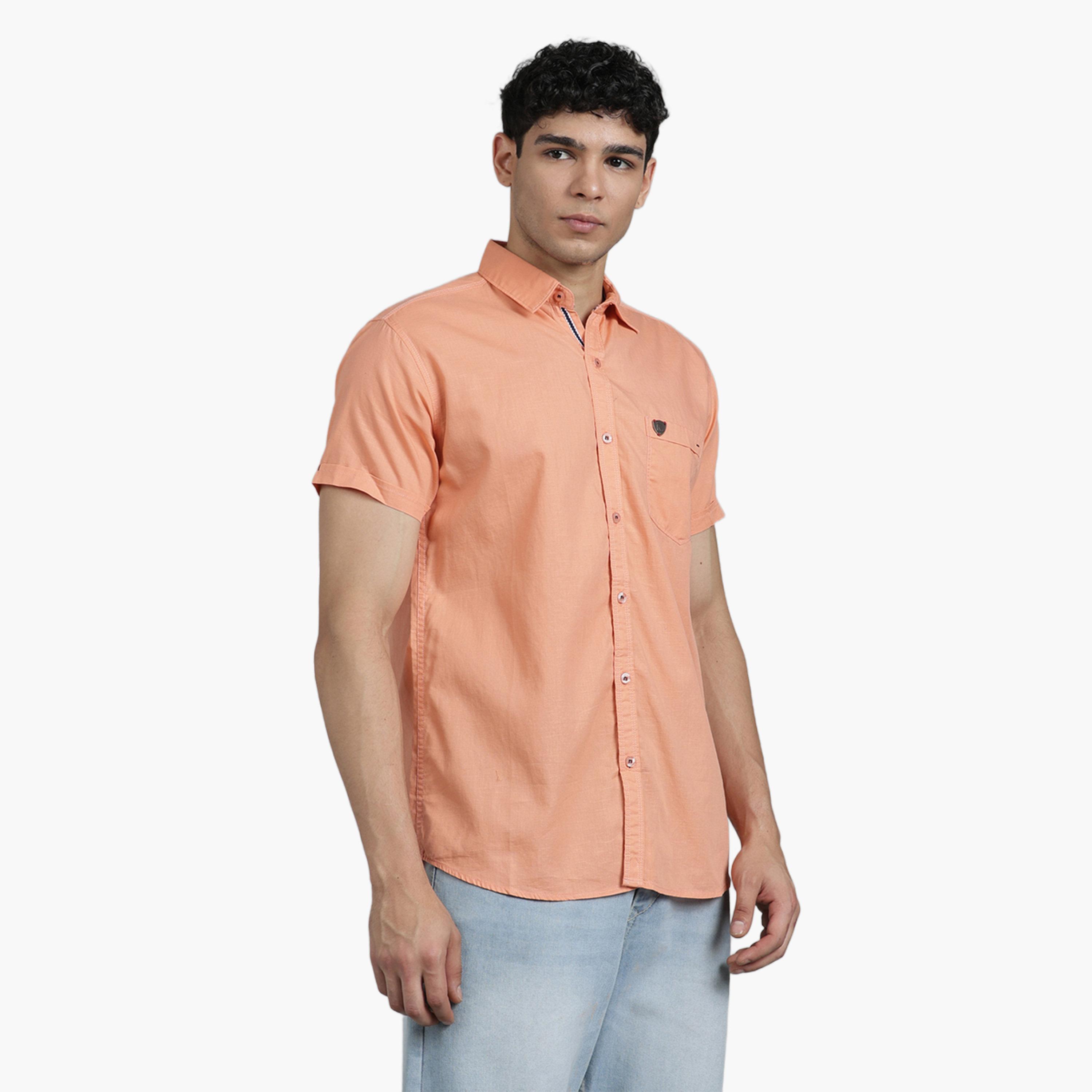 KUONS AVENUE X Styli Men Peach Linen Blend Short Sleeve Shirt-men-clothing-shirts-image-4