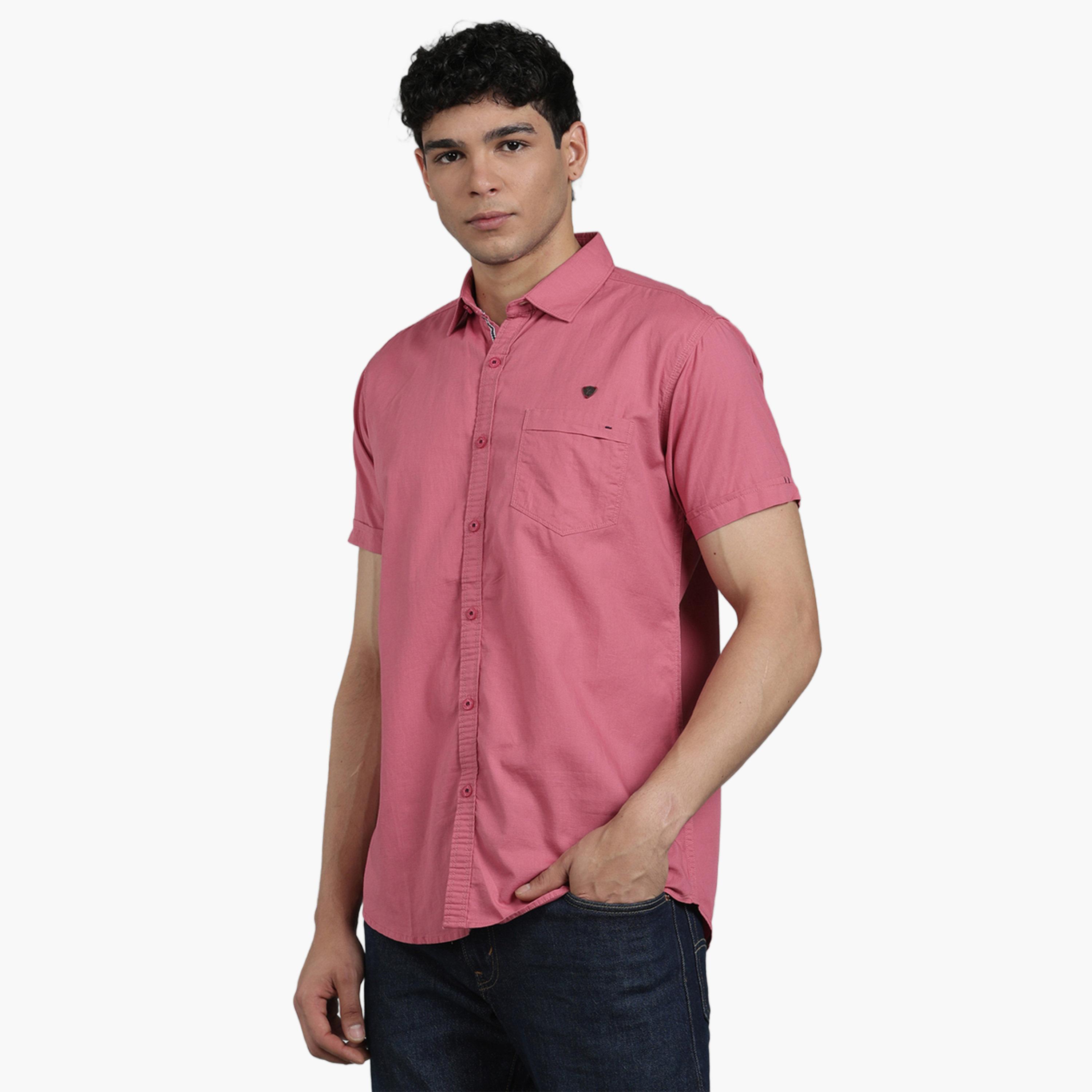 قميص رجالي مزيج كتان وردي بأكمام قصيرة-men-clothing-shirts-image-1