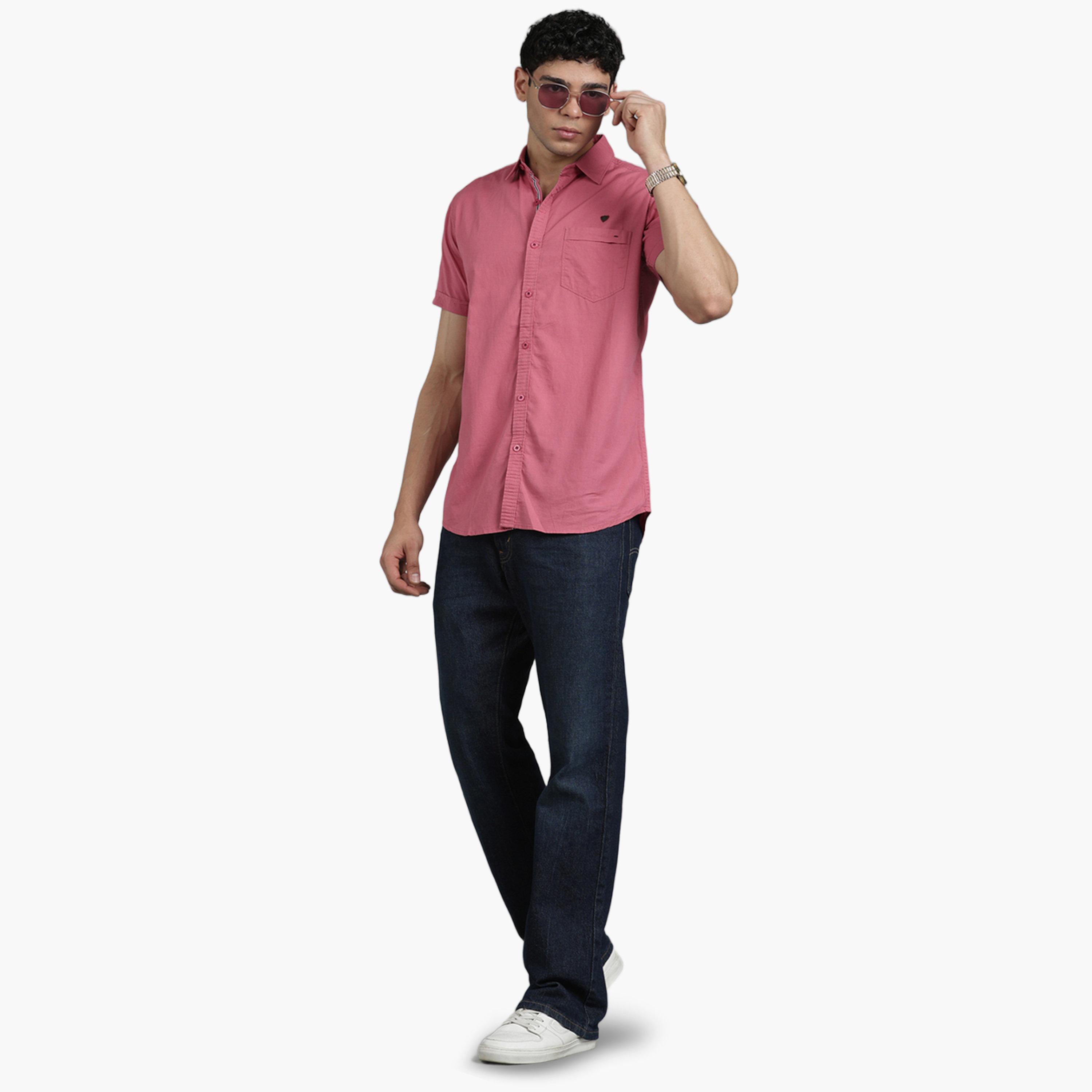 قميص رجالي مزيج كتان وردي بأكمام قصيرة-men-clothing-shirts-image-2