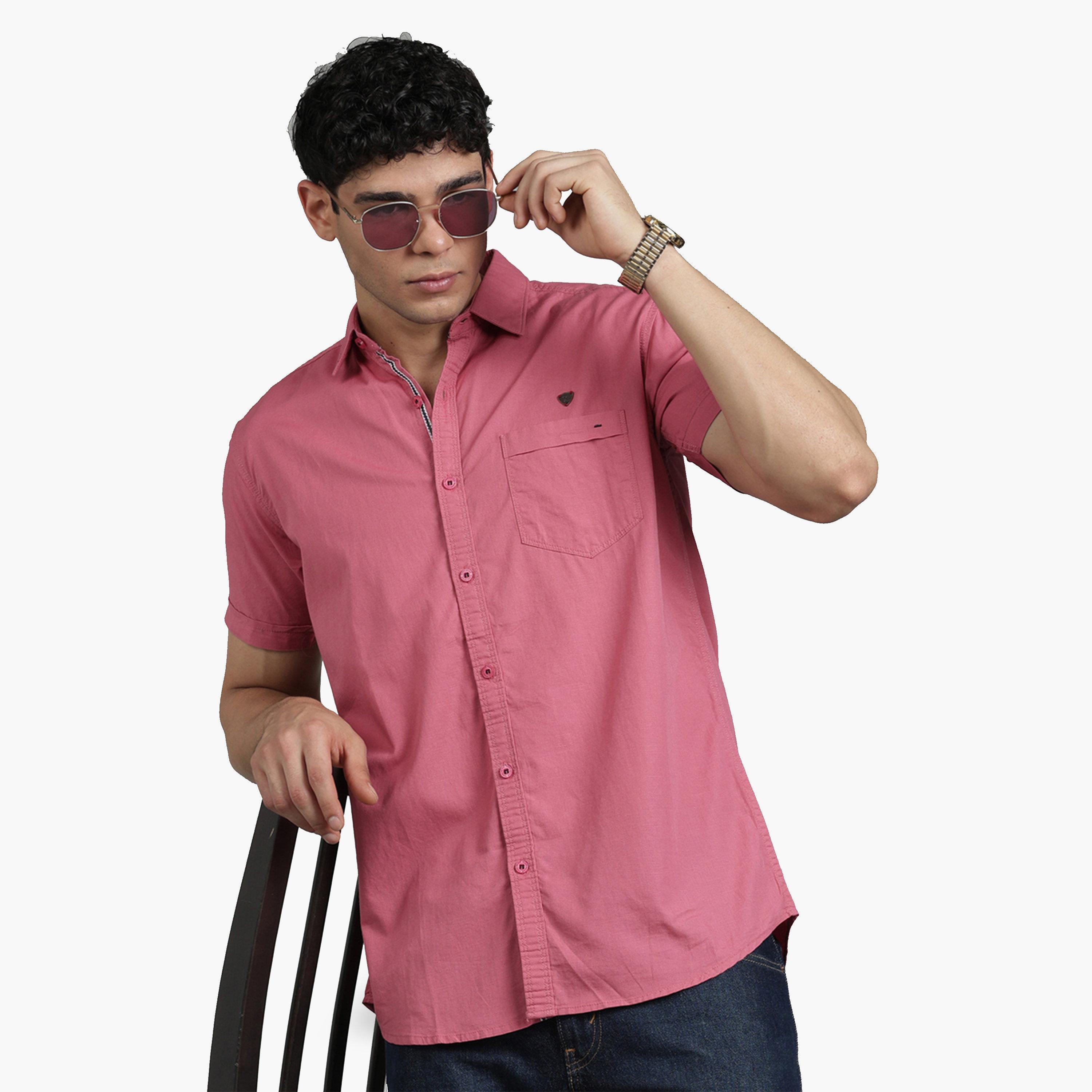 KUONS AVENUE X Styli Men Pink Linen Blend Short Sleeve Shirt-men-clothing-shirts-image-3