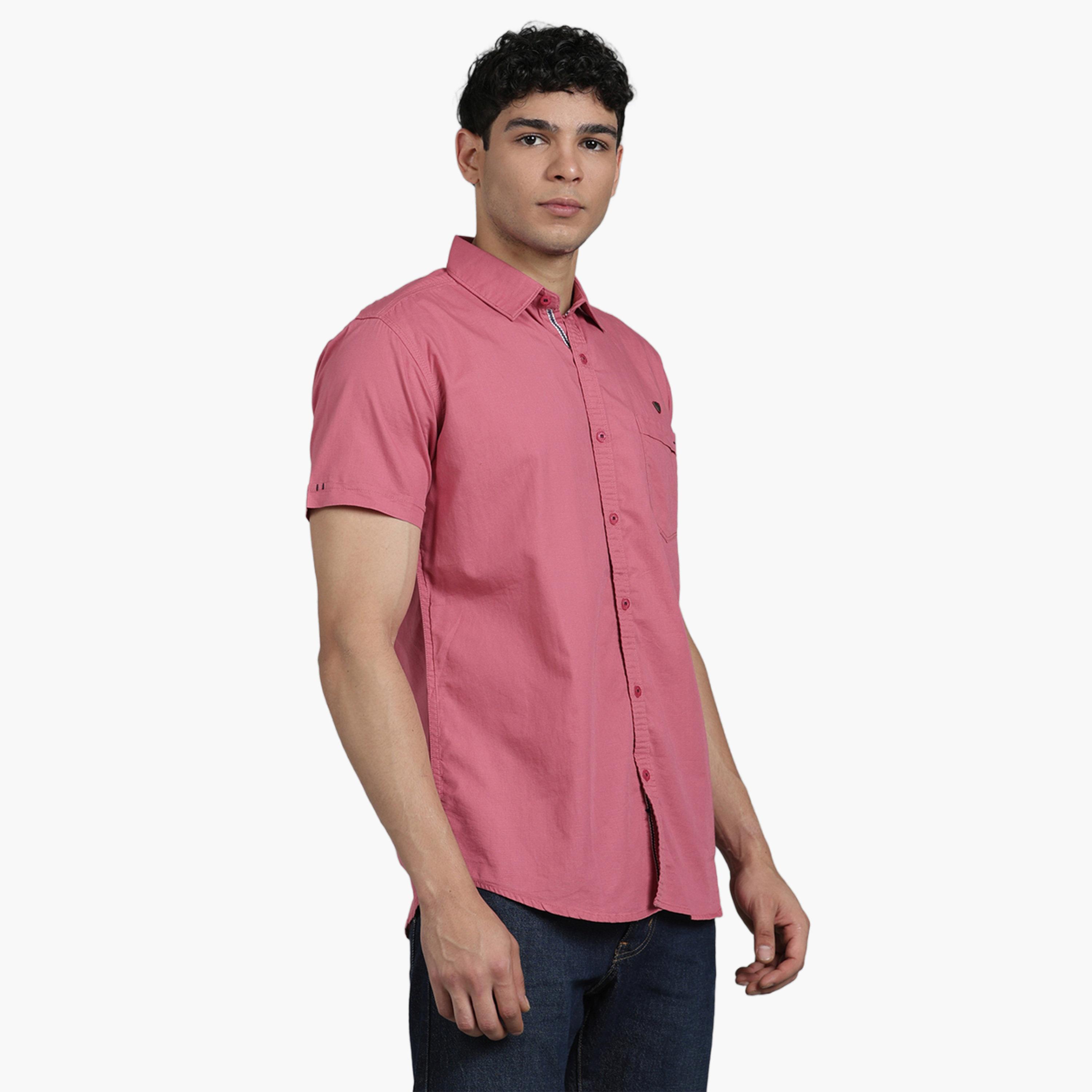قميص رجالي مزيج كتان وردي بأكمام قصيرة-men-clothing-shirts-image-4
