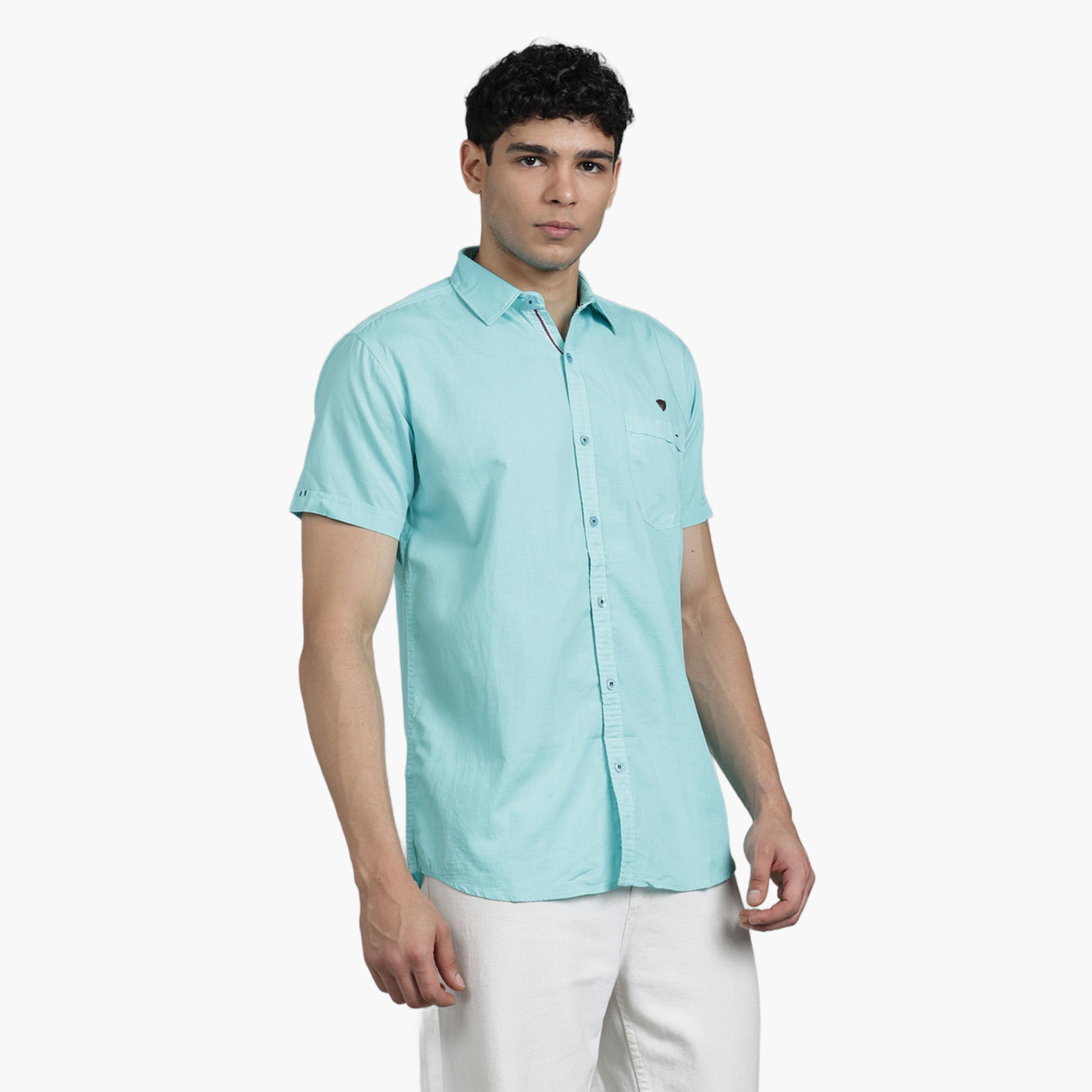 KUONS AVENUE X Styli Men Blue Linen Blend Short Sleeve Shirt-men-clothing-shirts-image-1