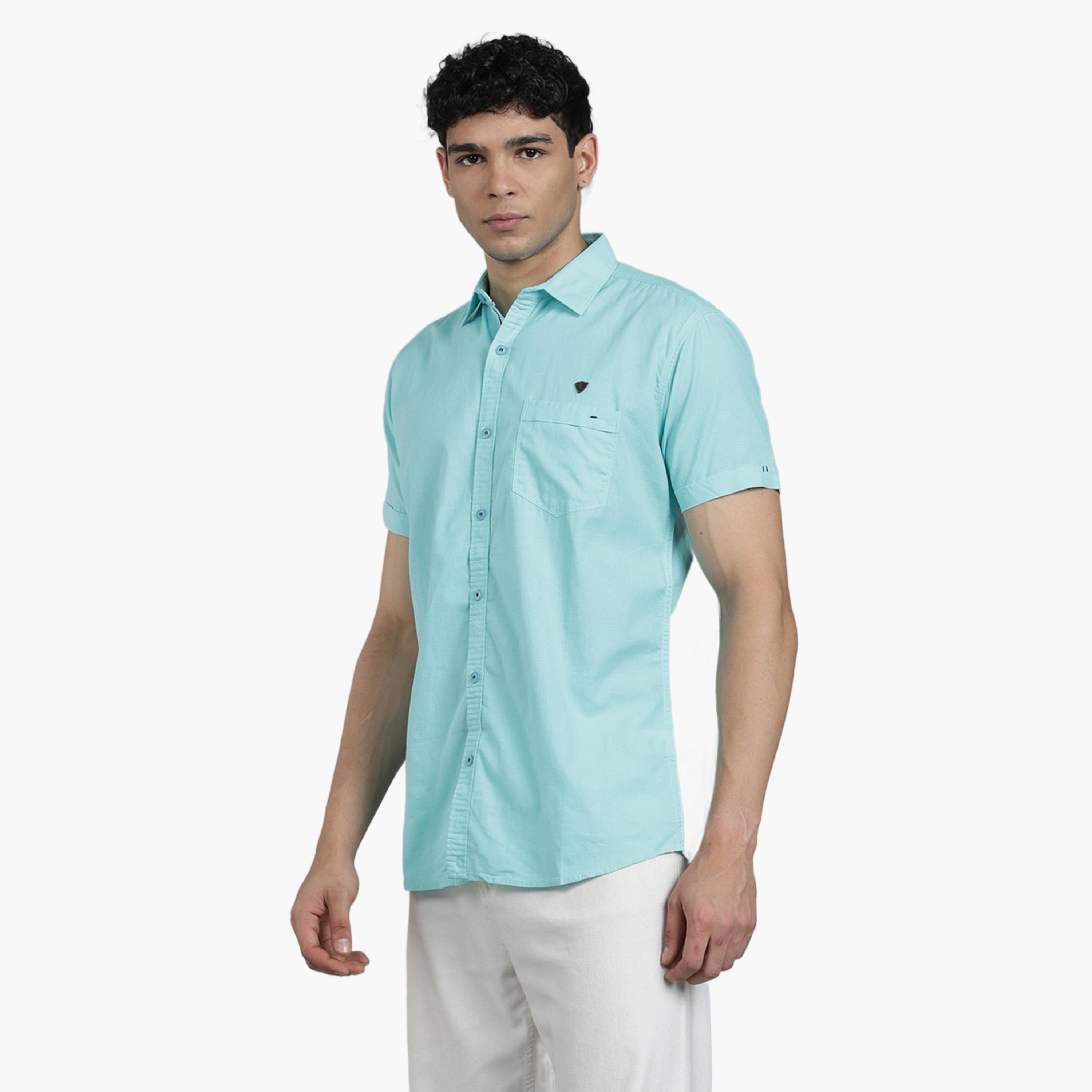 KUONS AVENUE X Styli Men Blue Linen Blend Short Sleeve Shirt-men-clothing-shirts-image-3