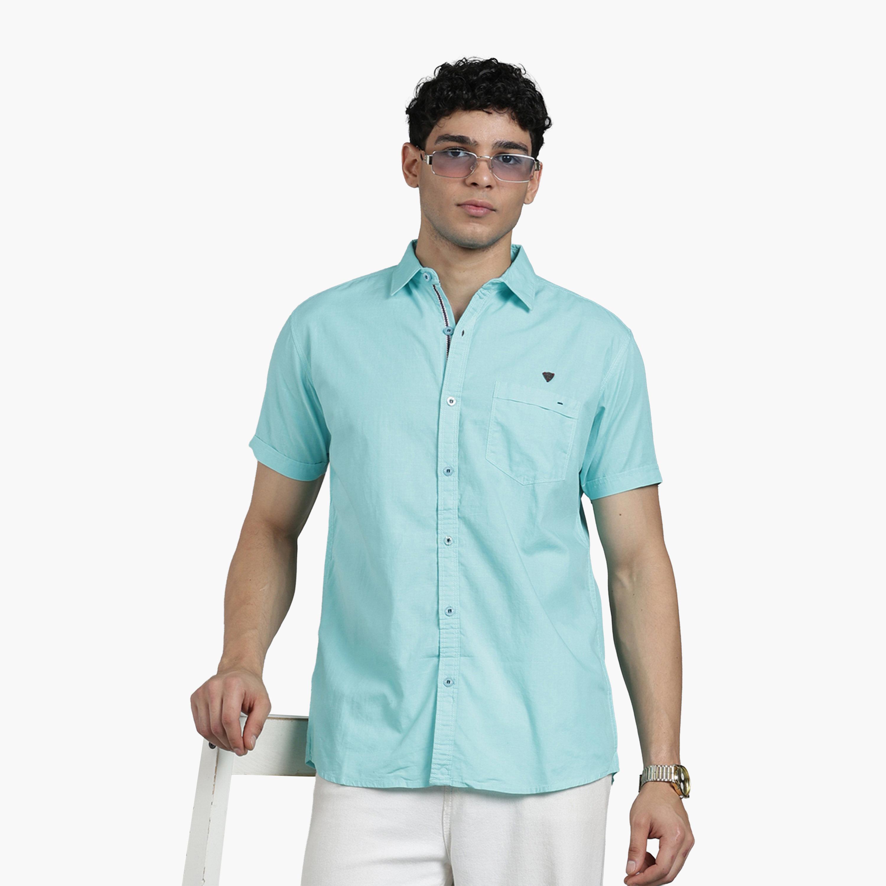 قميص رجالي مزيج كتان أزرق بأكمام قصيرة-men-clothing-shirts-image-5