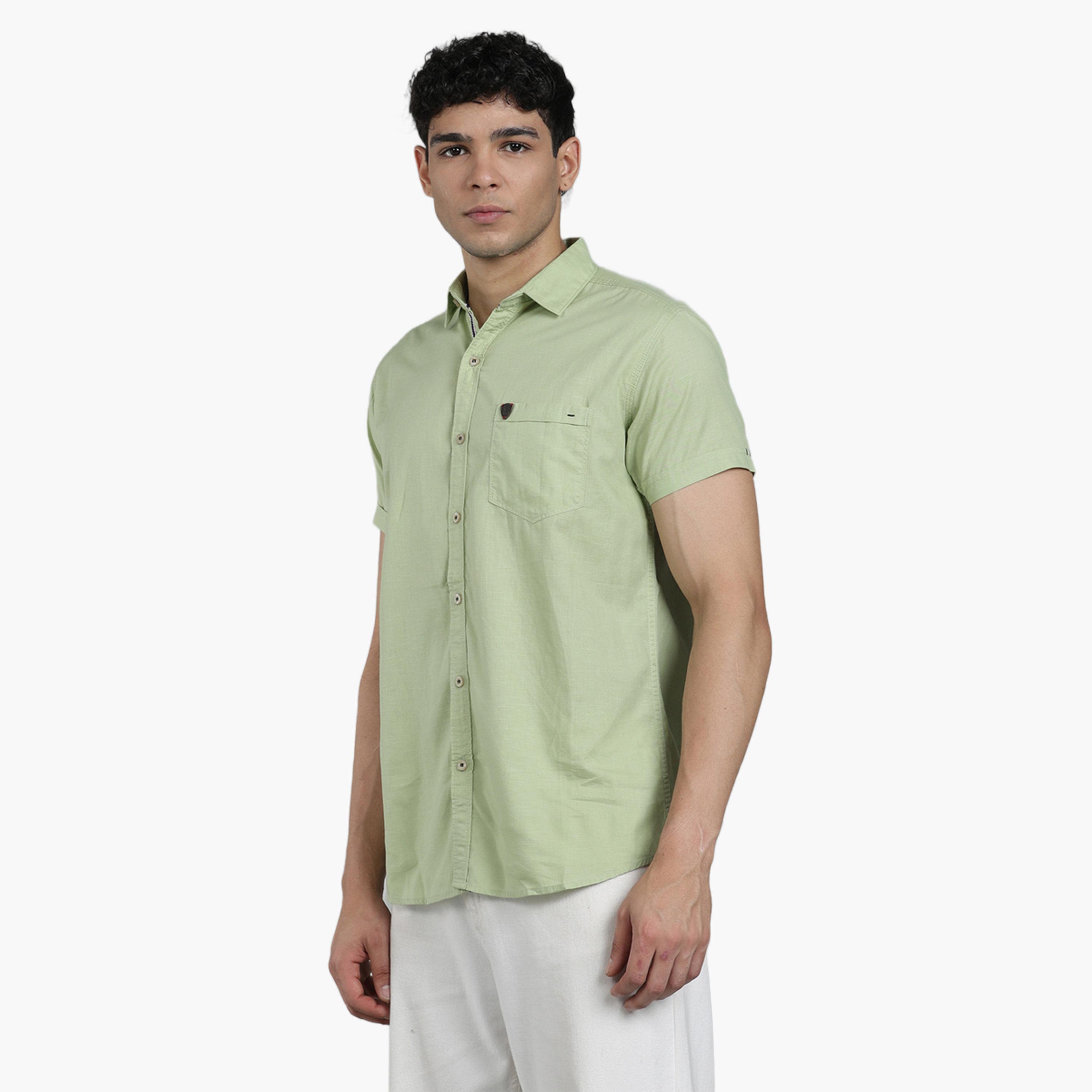 KUONS AVENUE X Styli Men Green Linen Blend Short Sleeve Shirt-men-clothing-shirts-image-1
