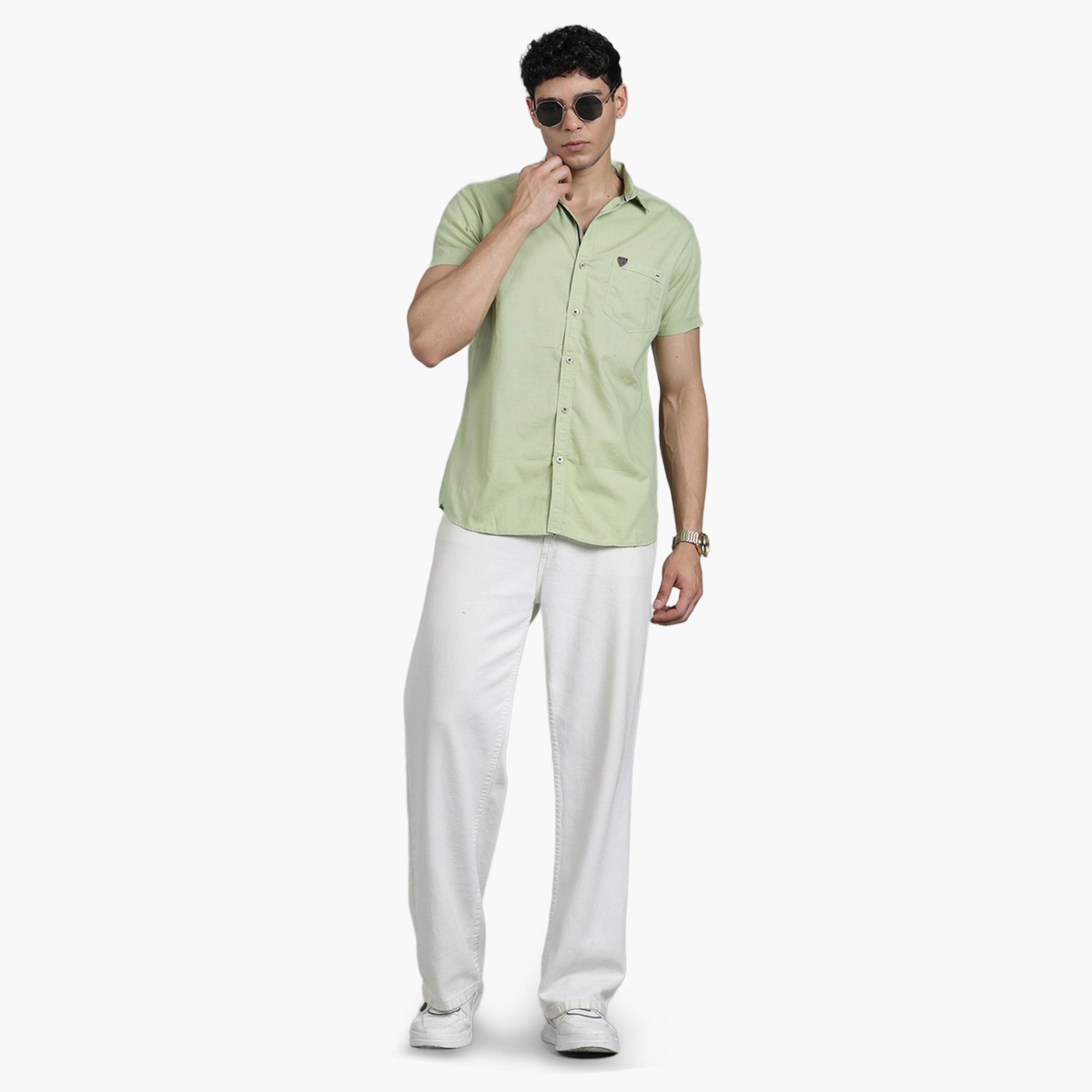KUONS AVENUE X Styli Men Green Linen Blend Short Sleeve Shirt-men-clothing-shirts-image-2
