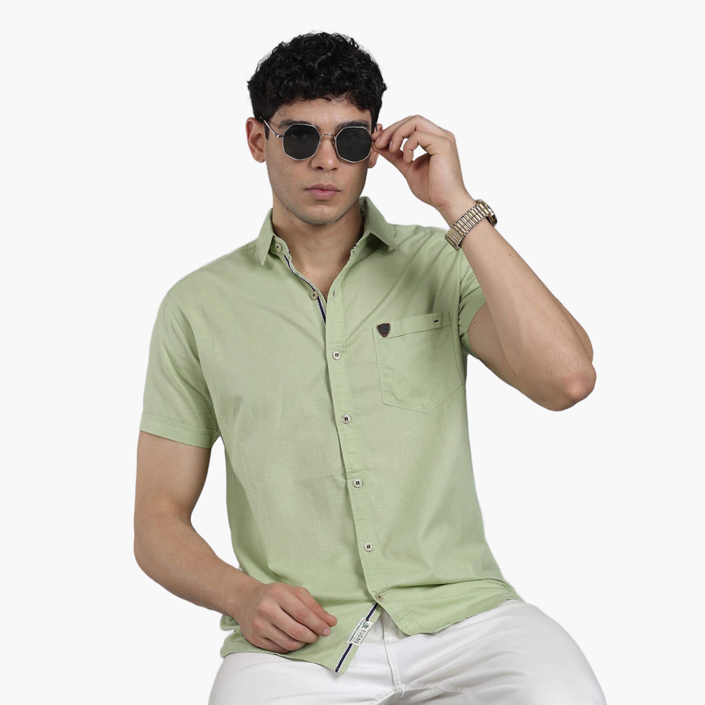 KUONS AVENUE X Styli Men Green Linen Blend Short Sleeve Shirt-men-clothing-shirts-image-3