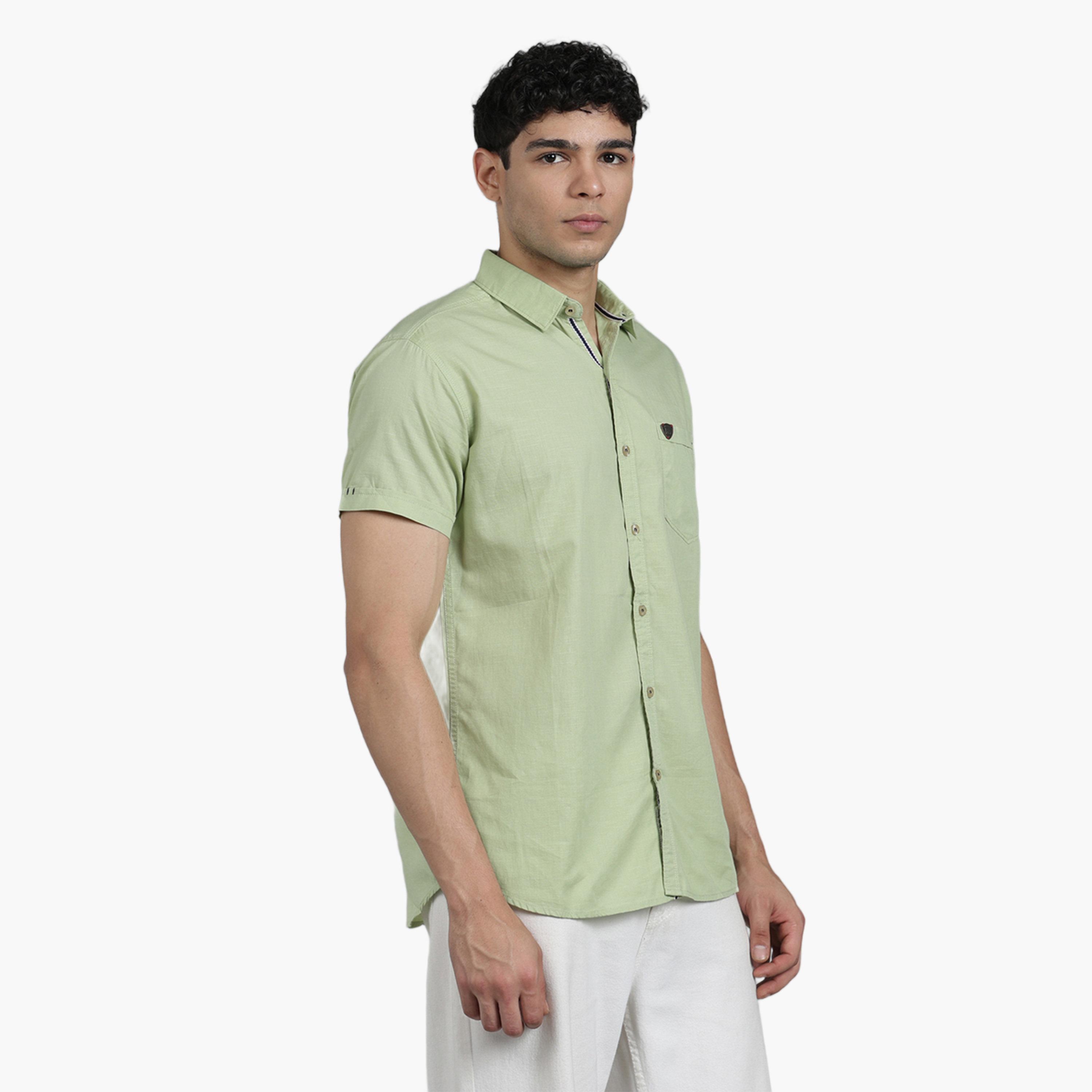 KUONS AVENUE X Styli Men Green Linen Blend Short Sleeve Shirt-men-clothing-shirts-image-4