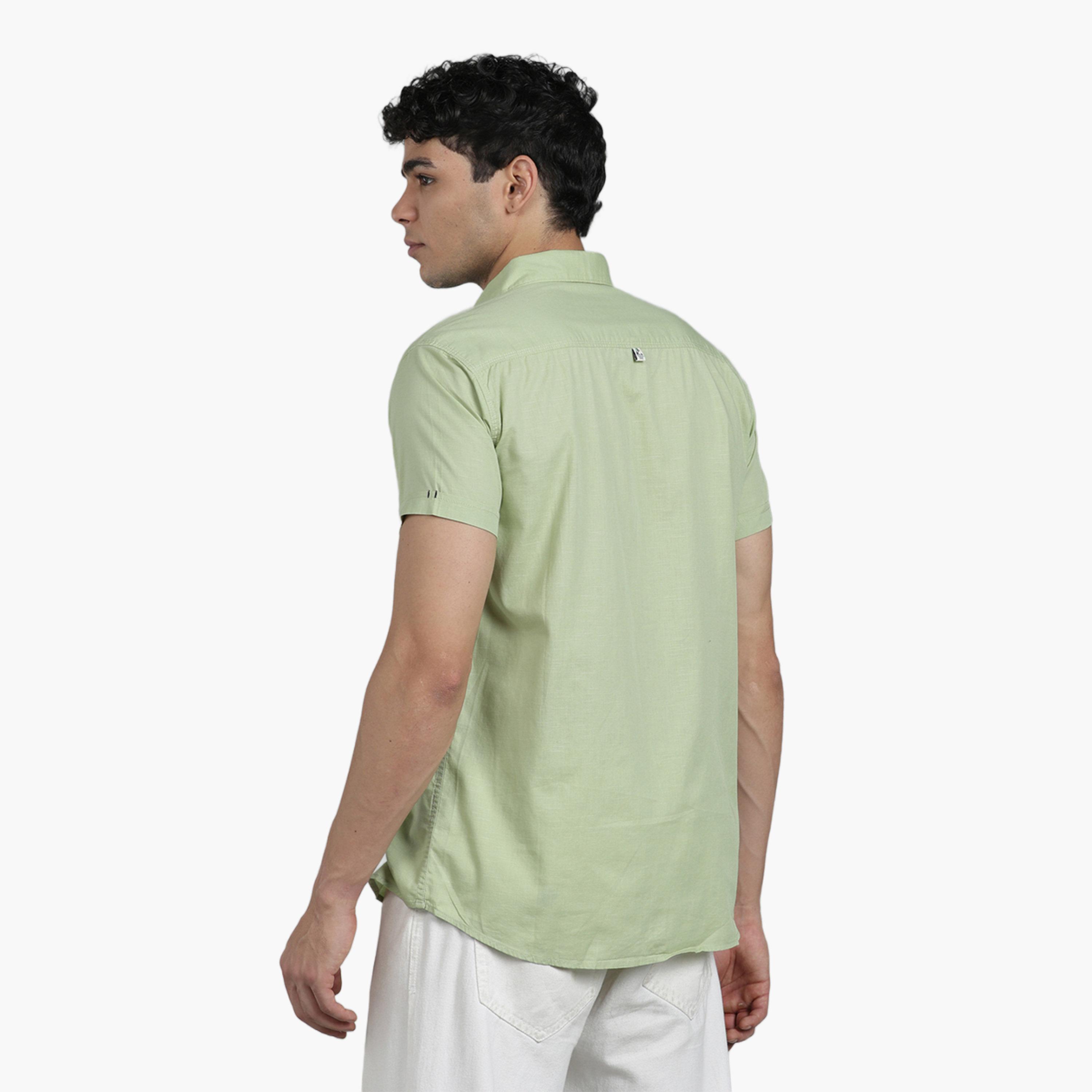KUONS AVENUE X Styli Men Green Linen Blend Short Sleeve Shirt-men-clothing-shirts-image-5