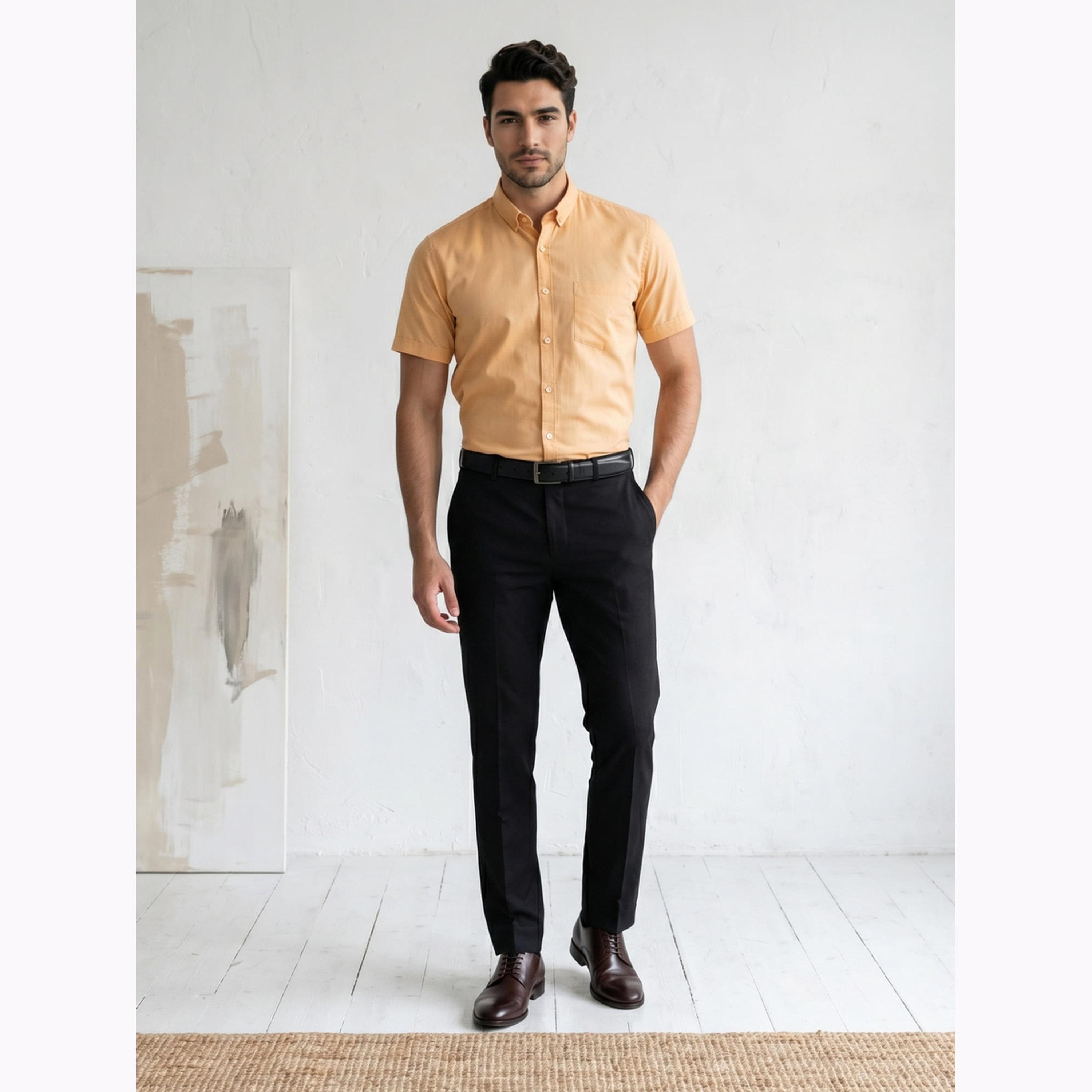 قميص أكسفورد رجالي أصفر بأكمام قصيرة-men-clothing-shirts-image-2