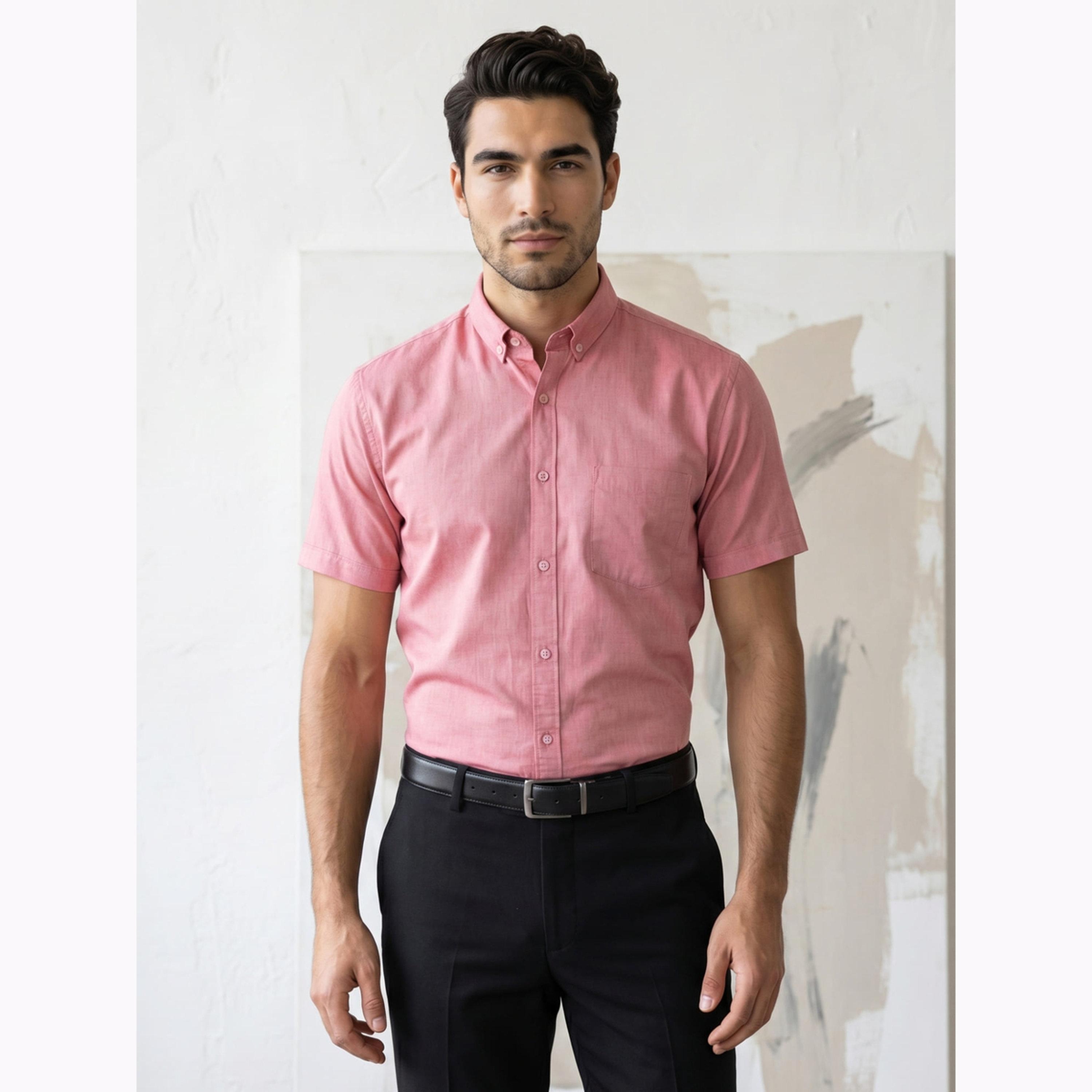 قميص أكسفورد رجالي وردي بأكمام قصيرة-men-clothing-shirts-image-1