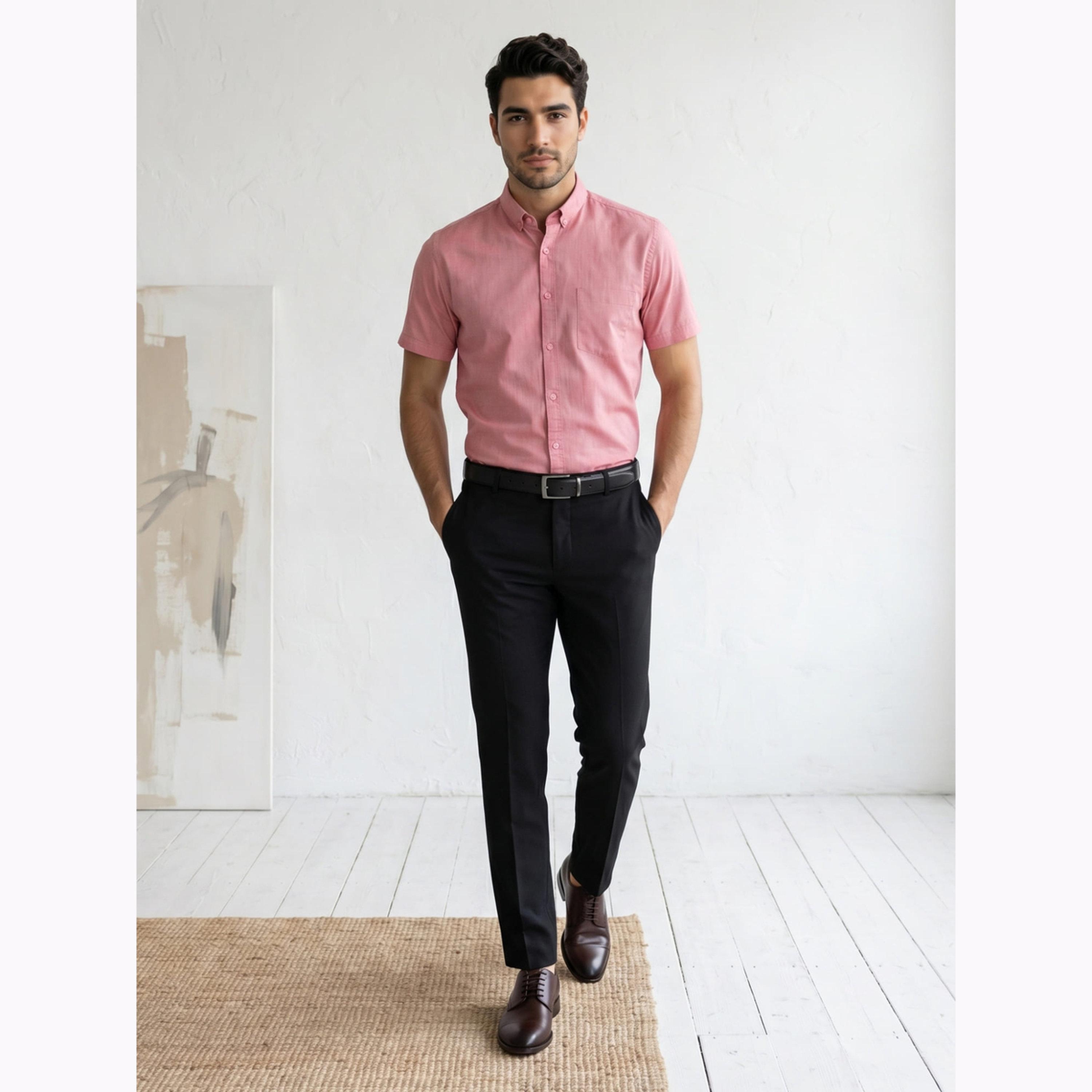 قميص أكسفورد رجالي وردي بأكمام قصيرة-men-clothing-shirts-image-2