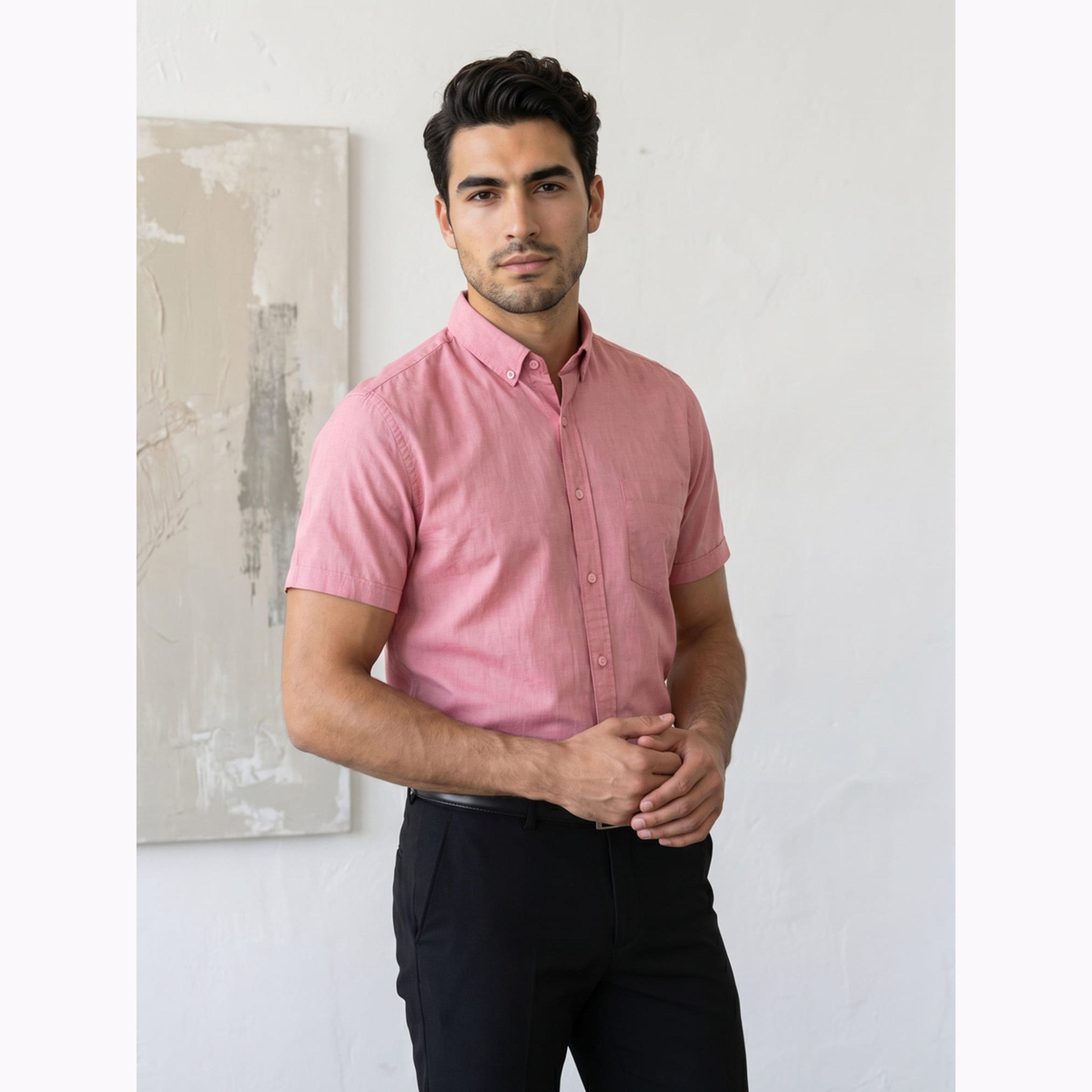 KUONS AVENUE X Styli Men Pink Short Sleeve Oxford Shirt-men-clothing-shirts-image-3