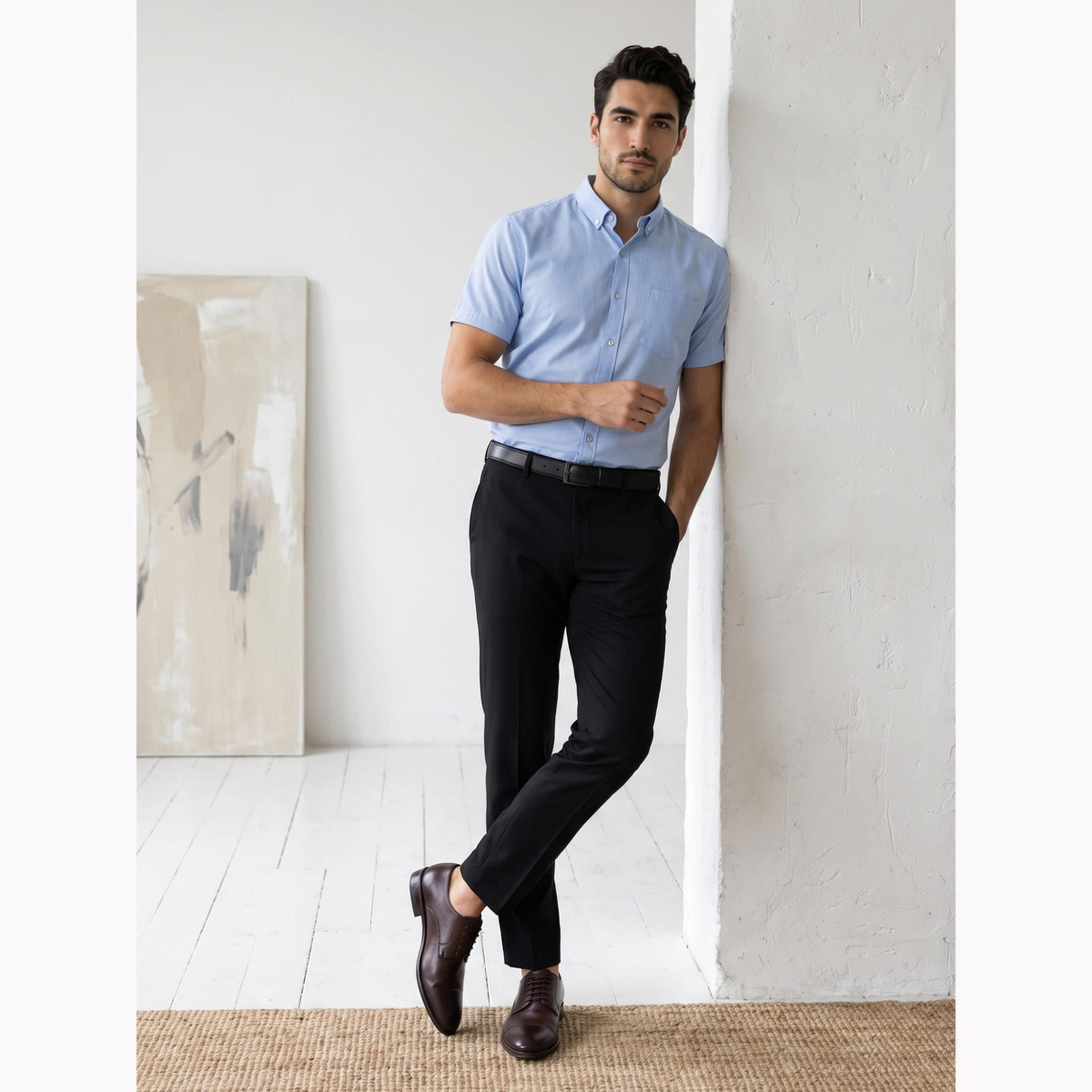KUONS AVENUE X Styli Men Blue Short Sleeve Oxford Shirt-men-clothing-shirts-image-2