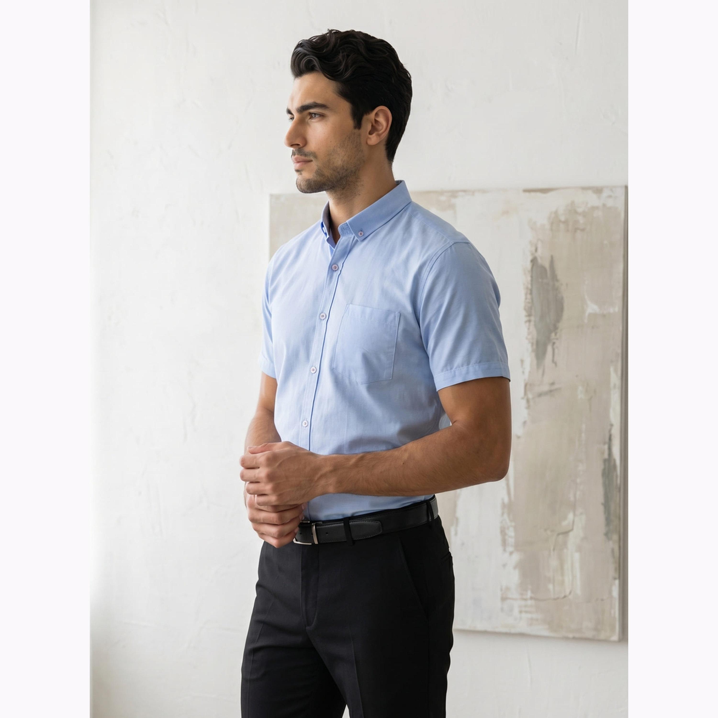 قميص أكسفورد رجالي أزرق بأكمام قصيرة-men-clothing-shirts-image-3