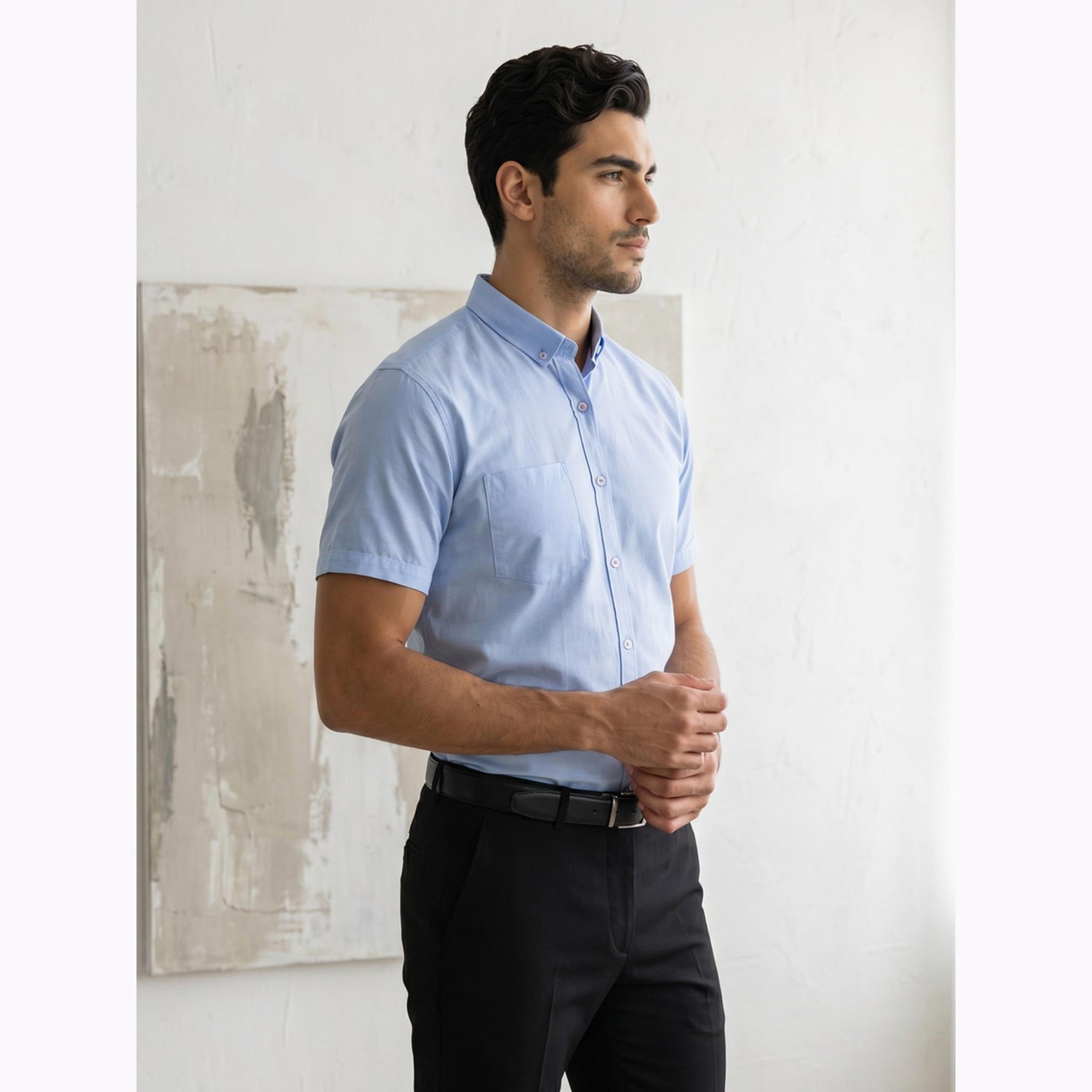 KUONS AVENUE X Styli Men Blue Short Sleeve Oxford Shirt-men-clothing-shirts-image-4