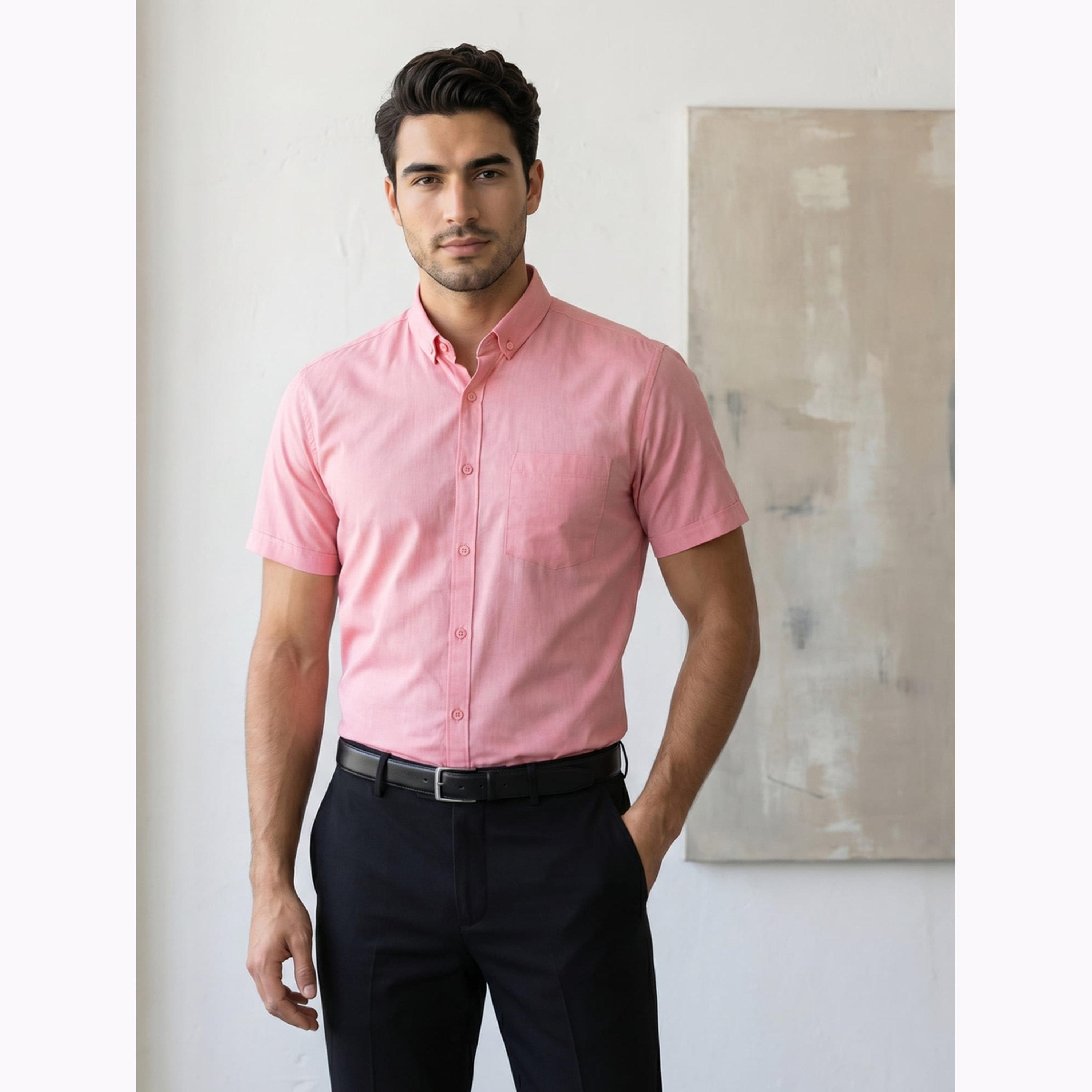 KUONS AVENUE X Styli Men Pink Short Sleeve Oxford Shirt-men-clothing-shirts-image-1