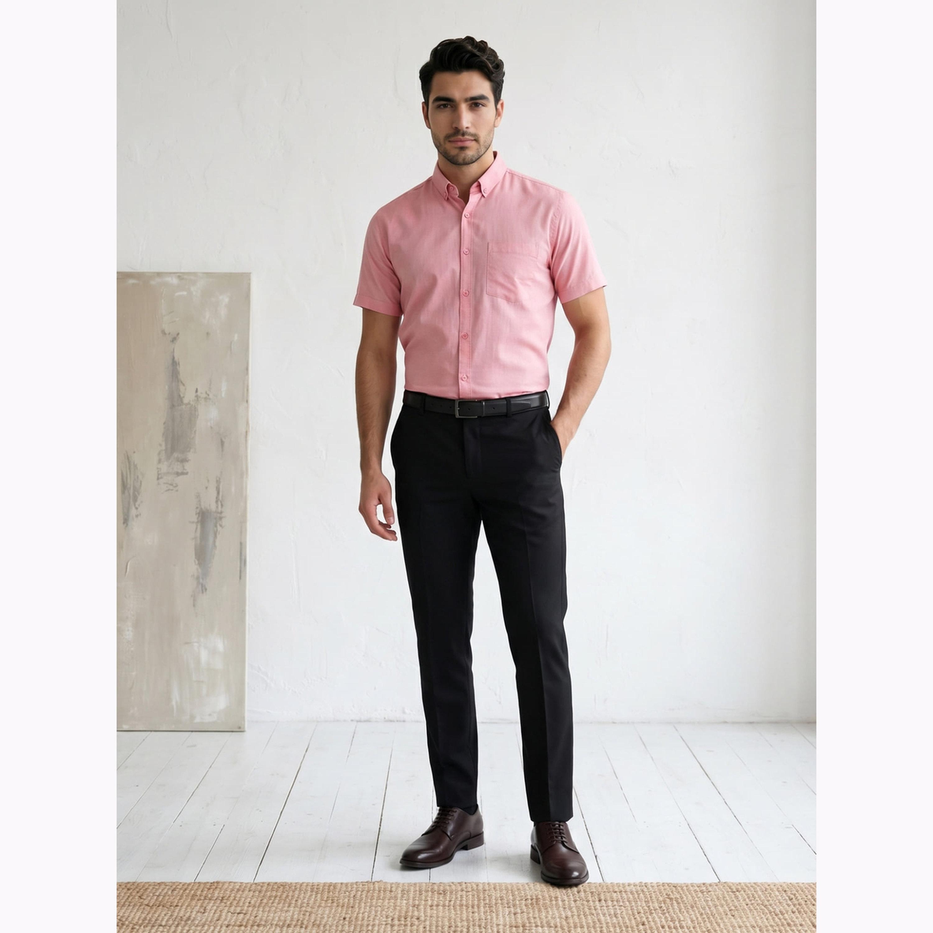 KUONS AVENUE X Styli Men Pink Short Sleeve Oxford Shirt-men-clothing-shirts-image-2