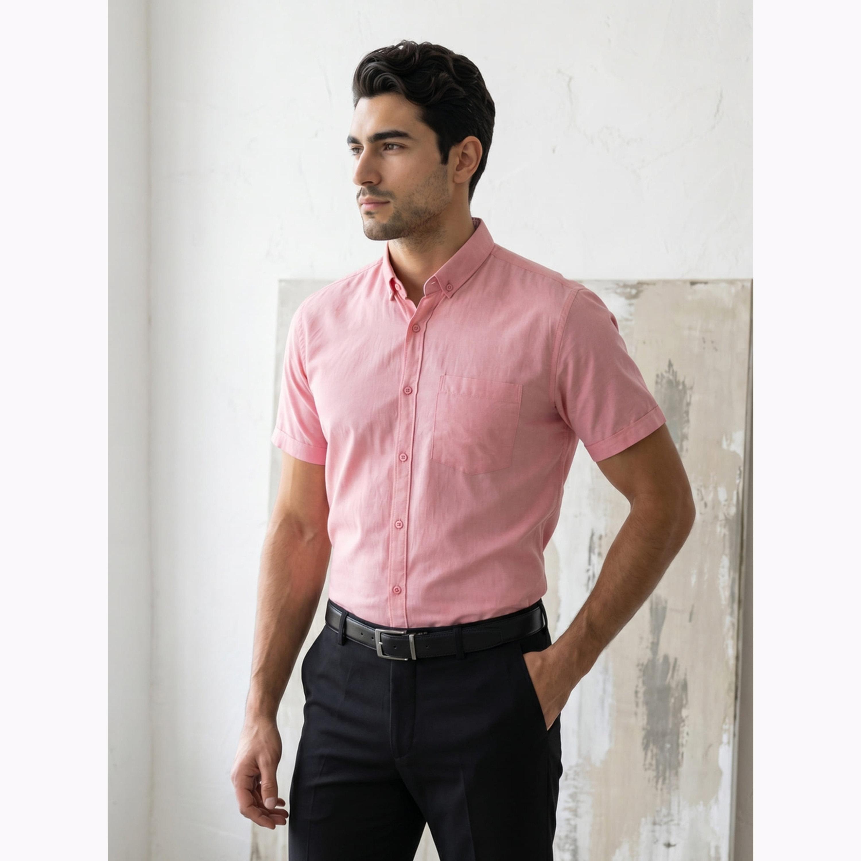 KUONS AVENUE X Styli Men Pink Short Sleeve Oxford Shirt-men-clothing-shirts-image-3