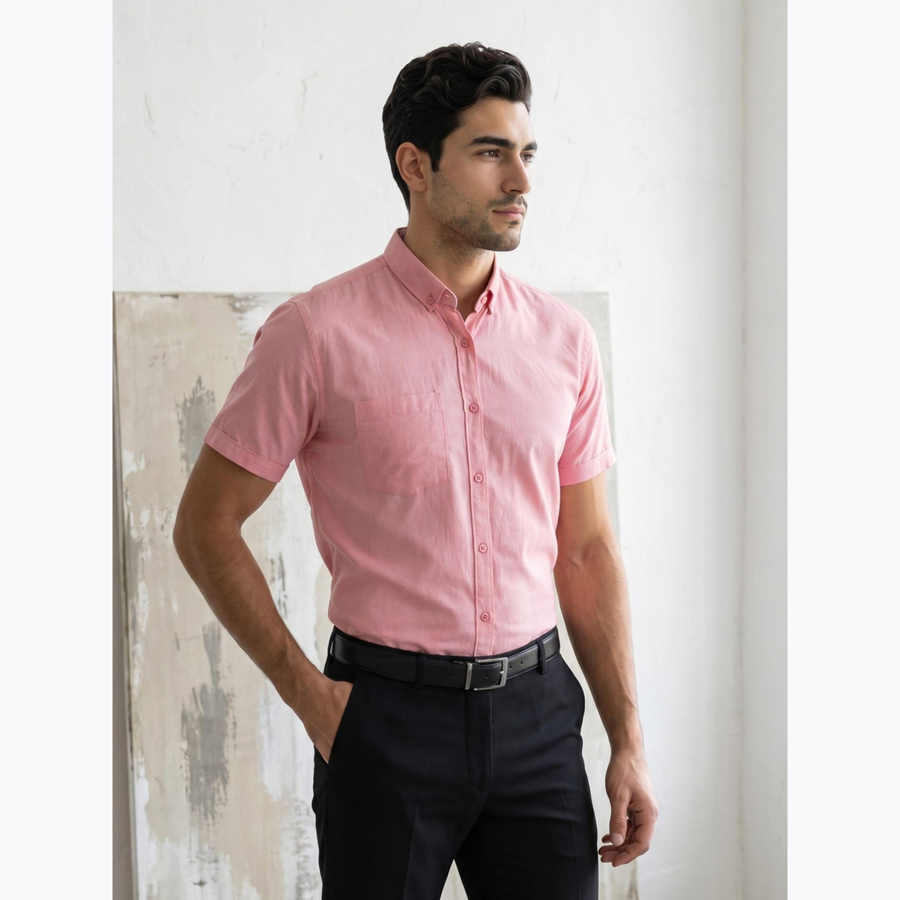 قميص أكسفورد رجالي وردي بأكمام قصيرة-men-clothing-shirts-image-4