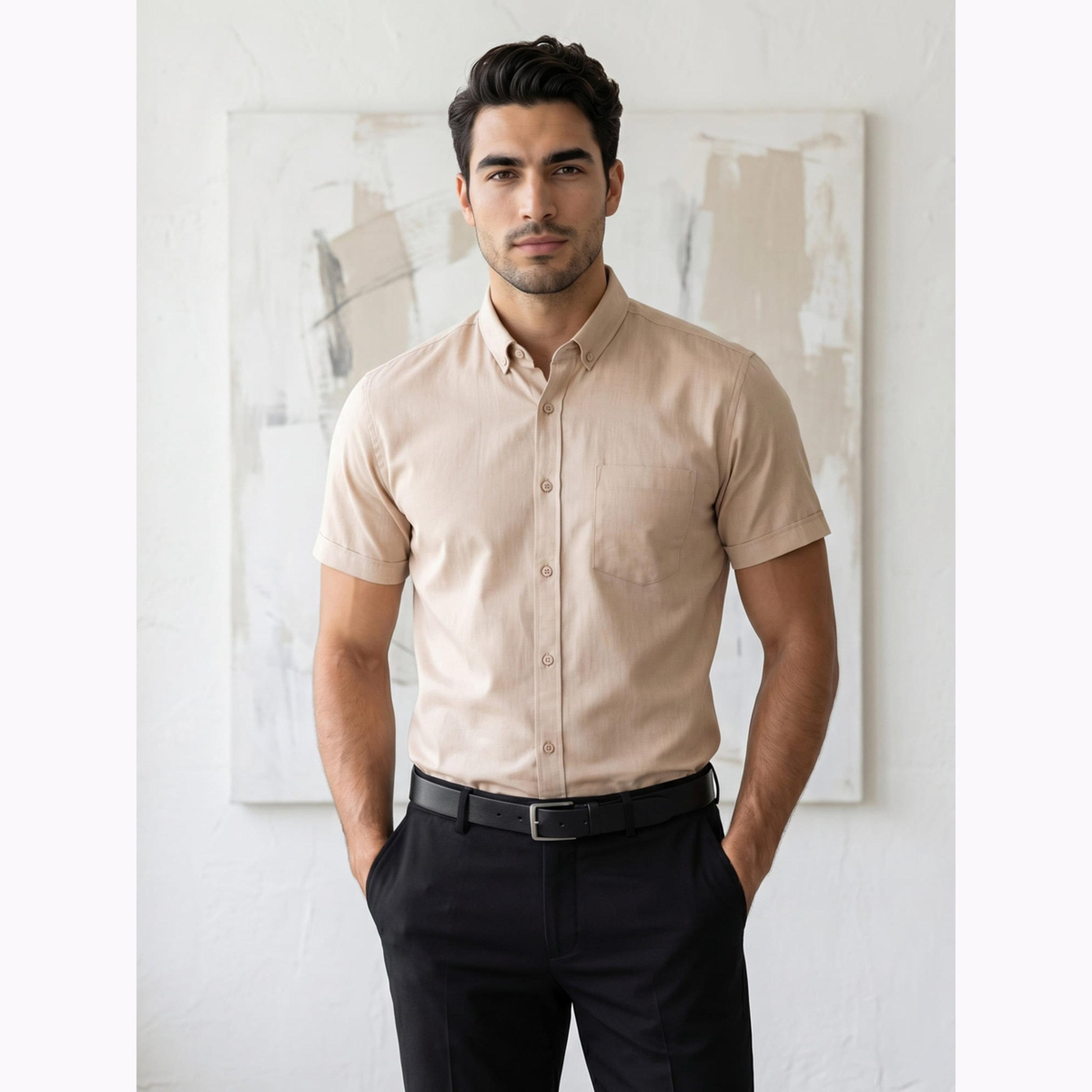 قميص أكسفورد رجالي بيج بأكمام قصيرة-men-clothing-shirts-image-1