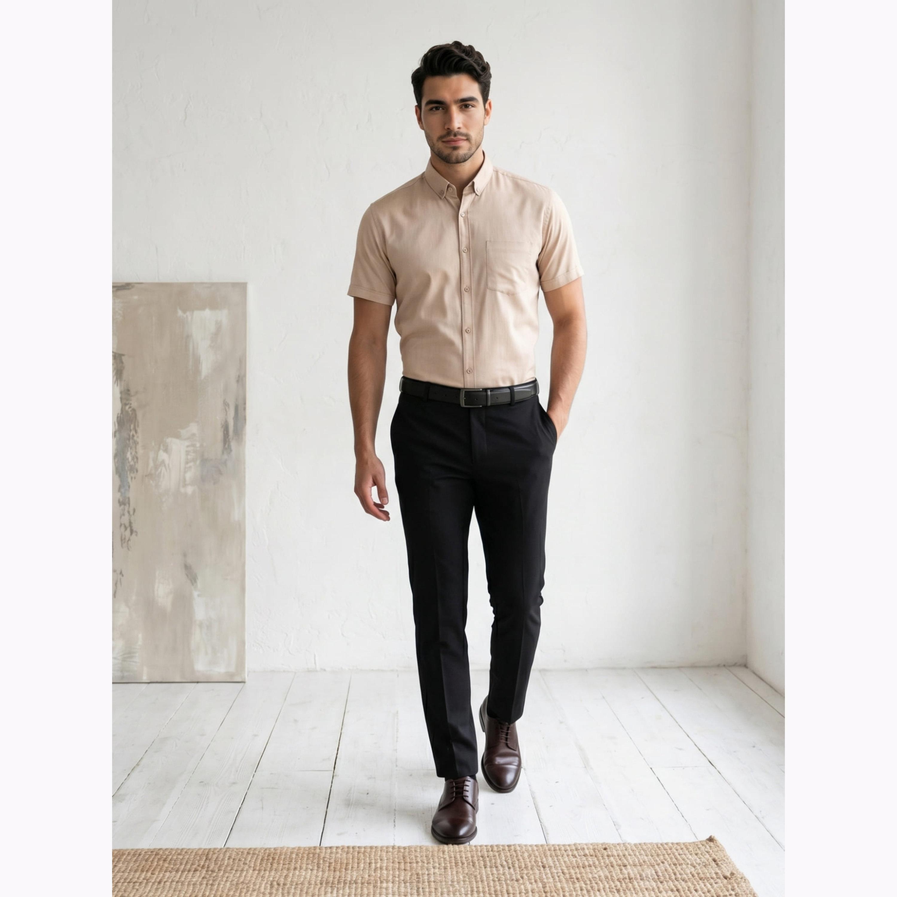 KUONS AVENUE X Styli Men Beige Short Sleeve Oxford Shirt-men-clothing-shirts-image-2