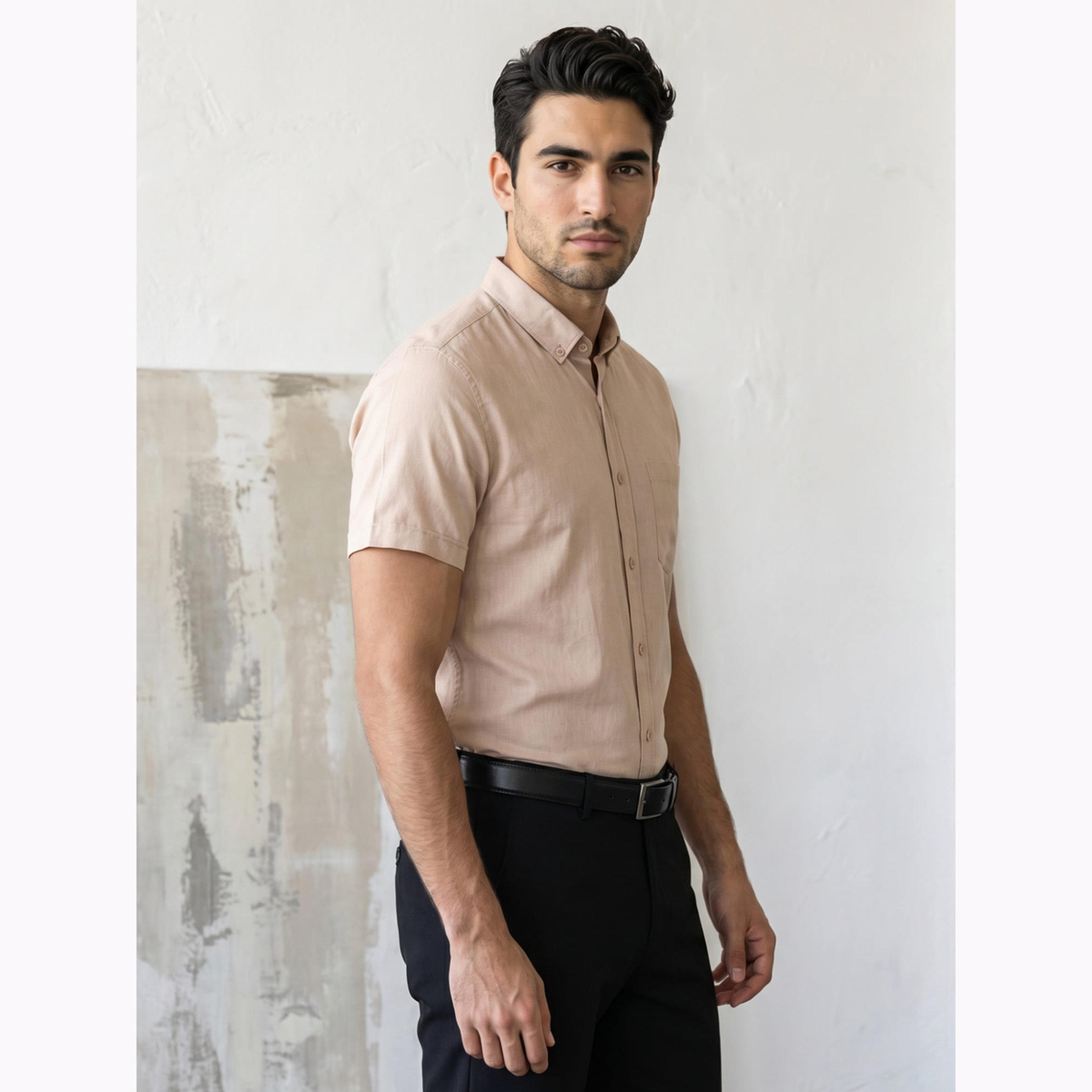 قميص أكسفورد رجالي بيج بأكمام قصيرة-men-clothing-shirts-image-3