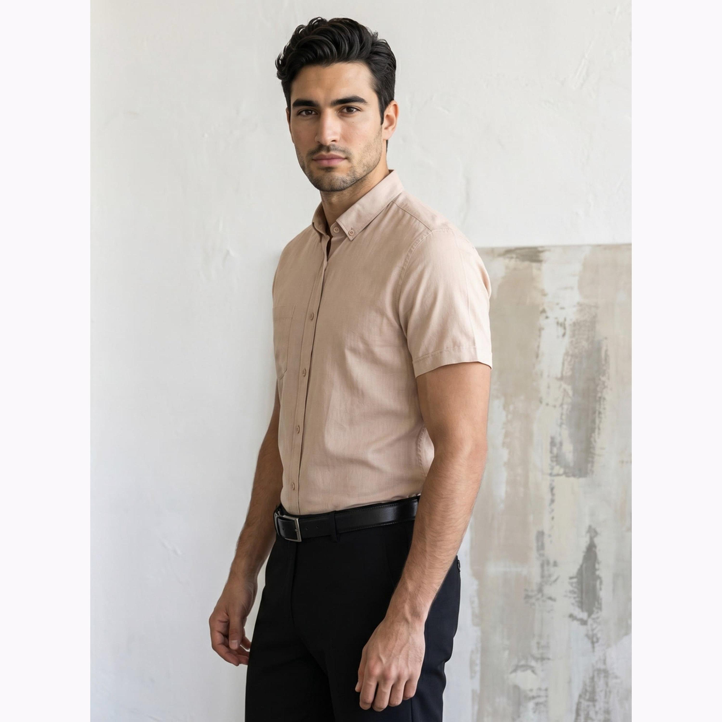 قميص أكسفورد رجالي بيج بأكمام قصيرة-men-clothing-shirts-image-4