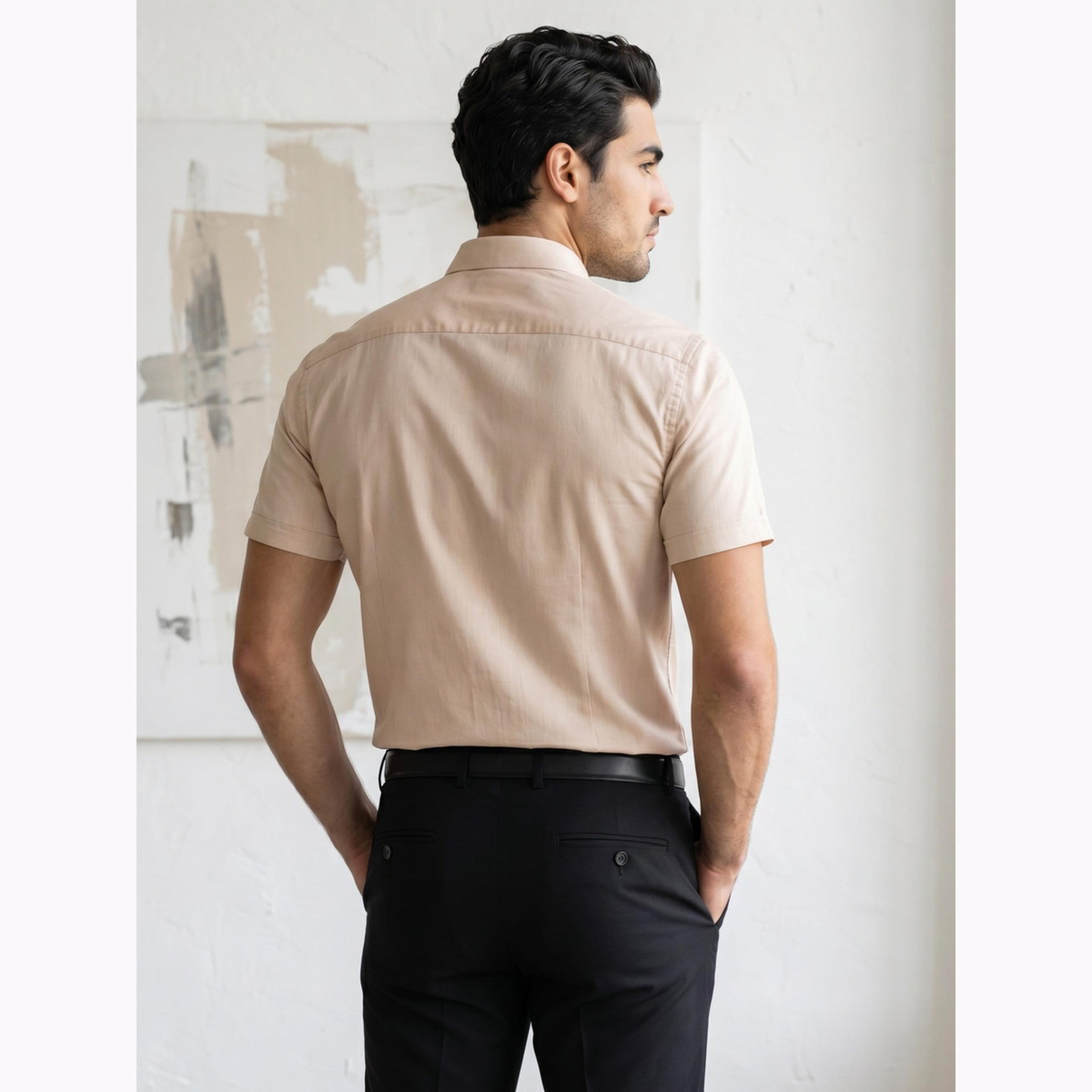 KUONS AVENUE X Styli Men Beige Short Sleeve Oxford Shirt-men-clothing-shirts-image-5