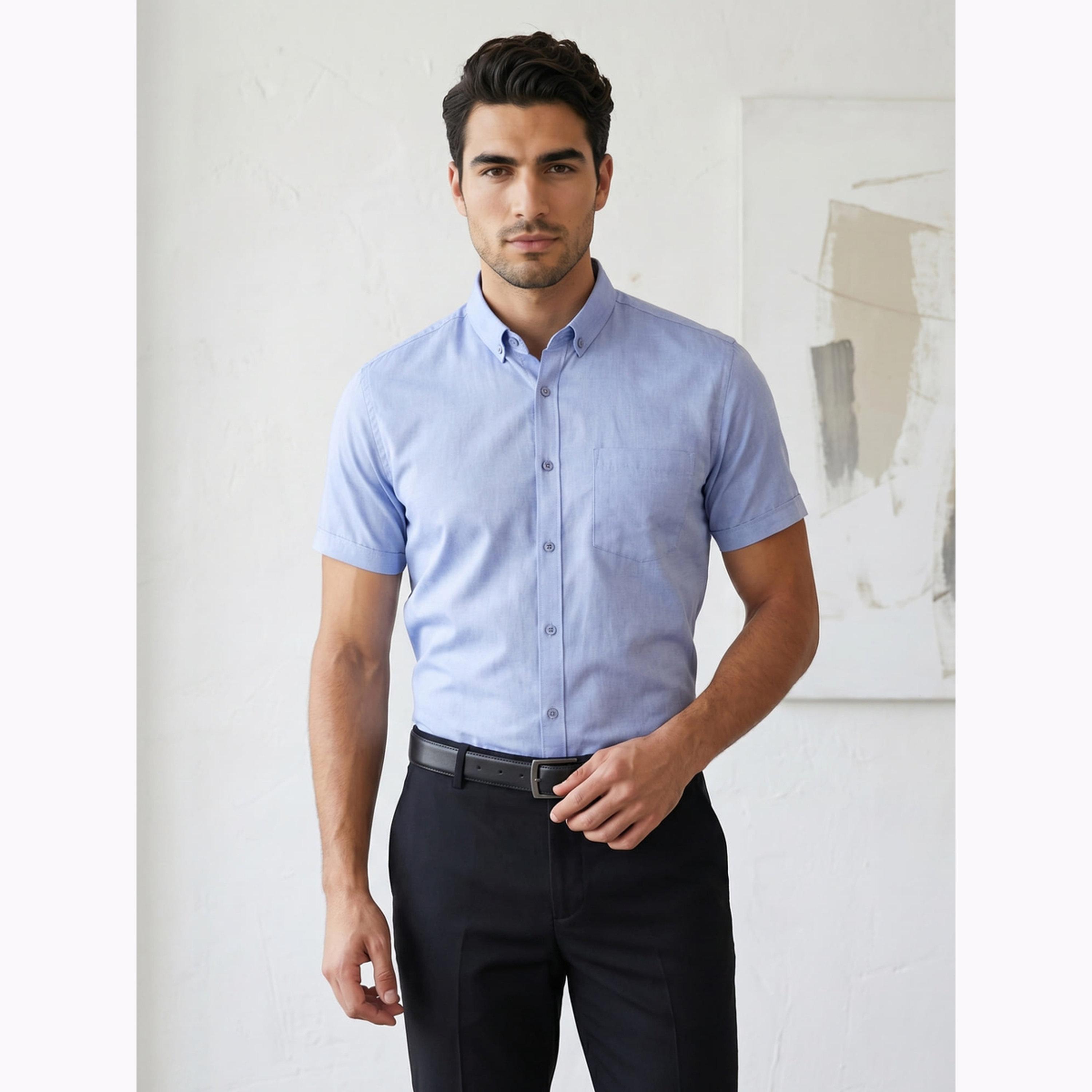 قميص أكسفورد رجالي أزرق بأكمام قصيرة-men-clothing-shirts-image-1