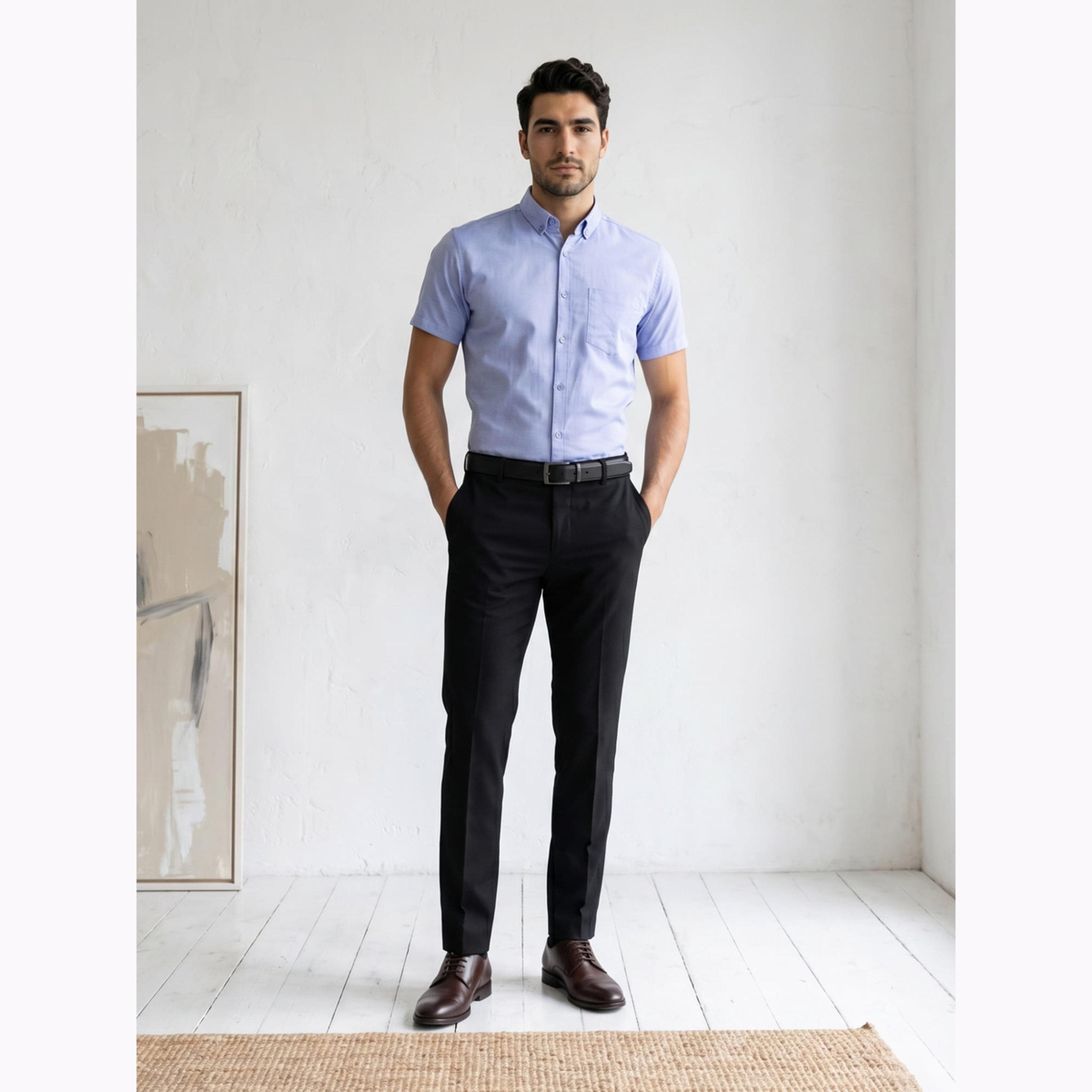 KUONS AVENUE X Styli Men Blue Short Sleeve Oxford Shirt-men-clothing-shirts-image-2