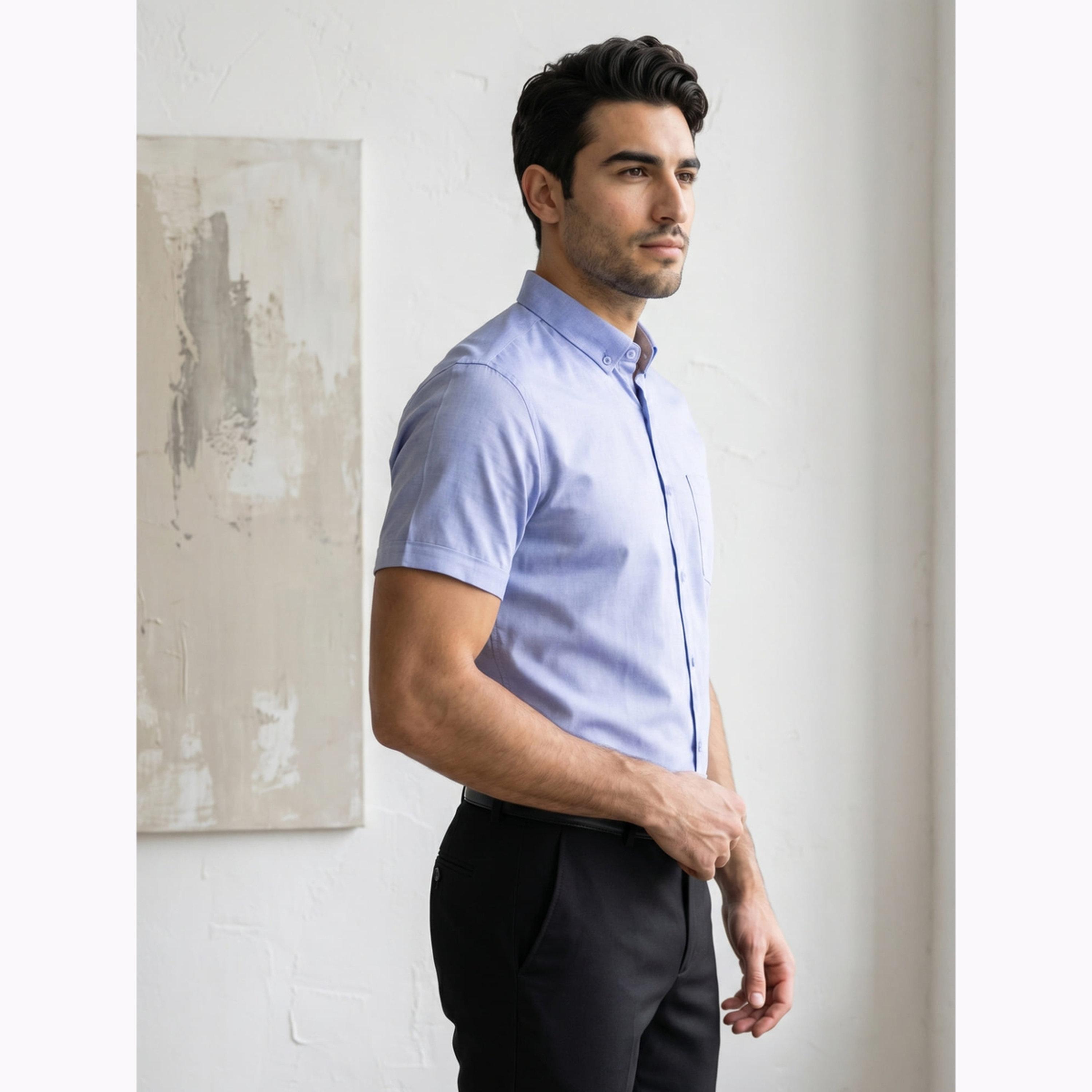 KUONS AVENUE X Styli Men Blue Short Sleeve Oxford Shirt-men-clothing-shirts-image-3