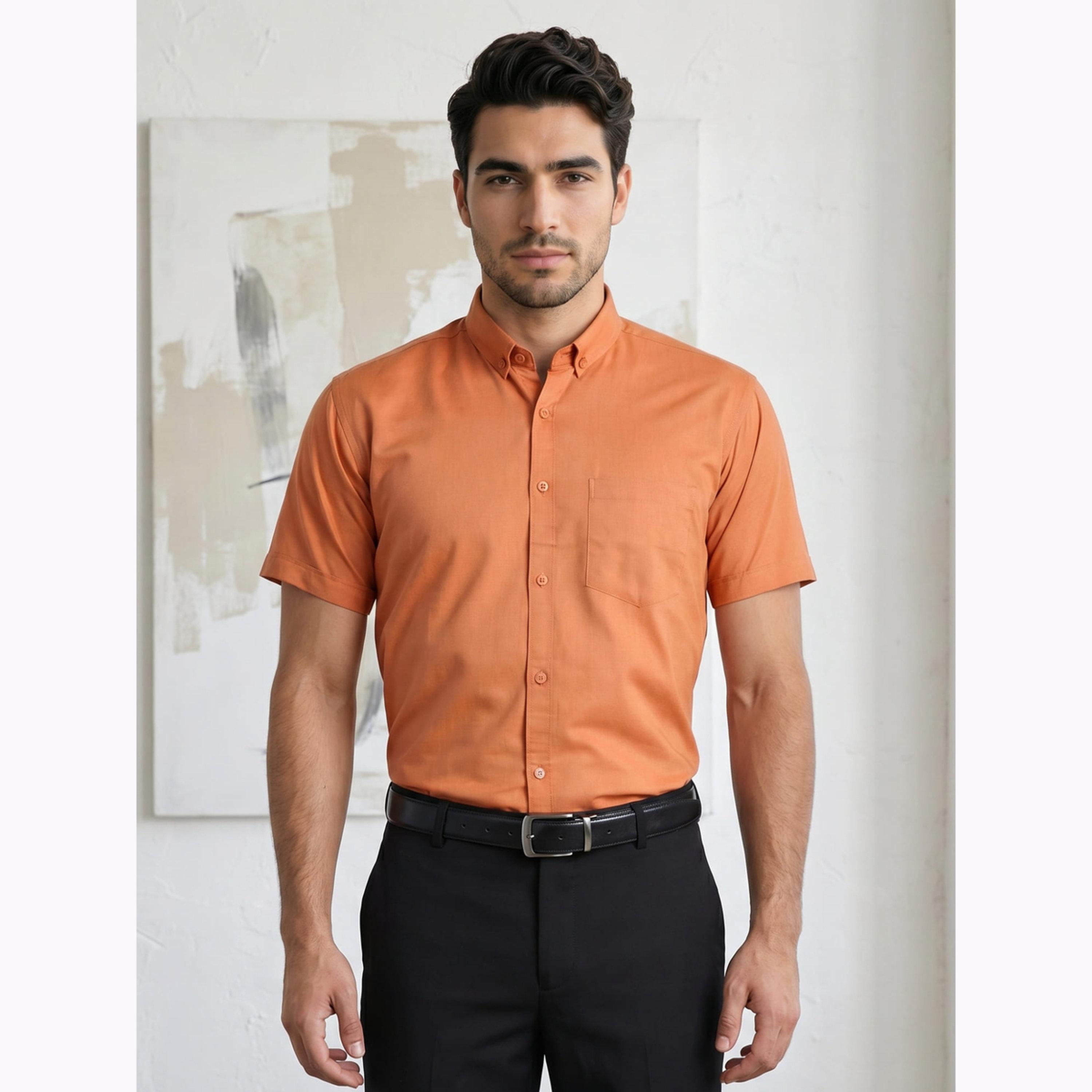قميص أكسفورد رجالي برتقالي بأكمام قصيرة-men-clothing-shirts-image-1