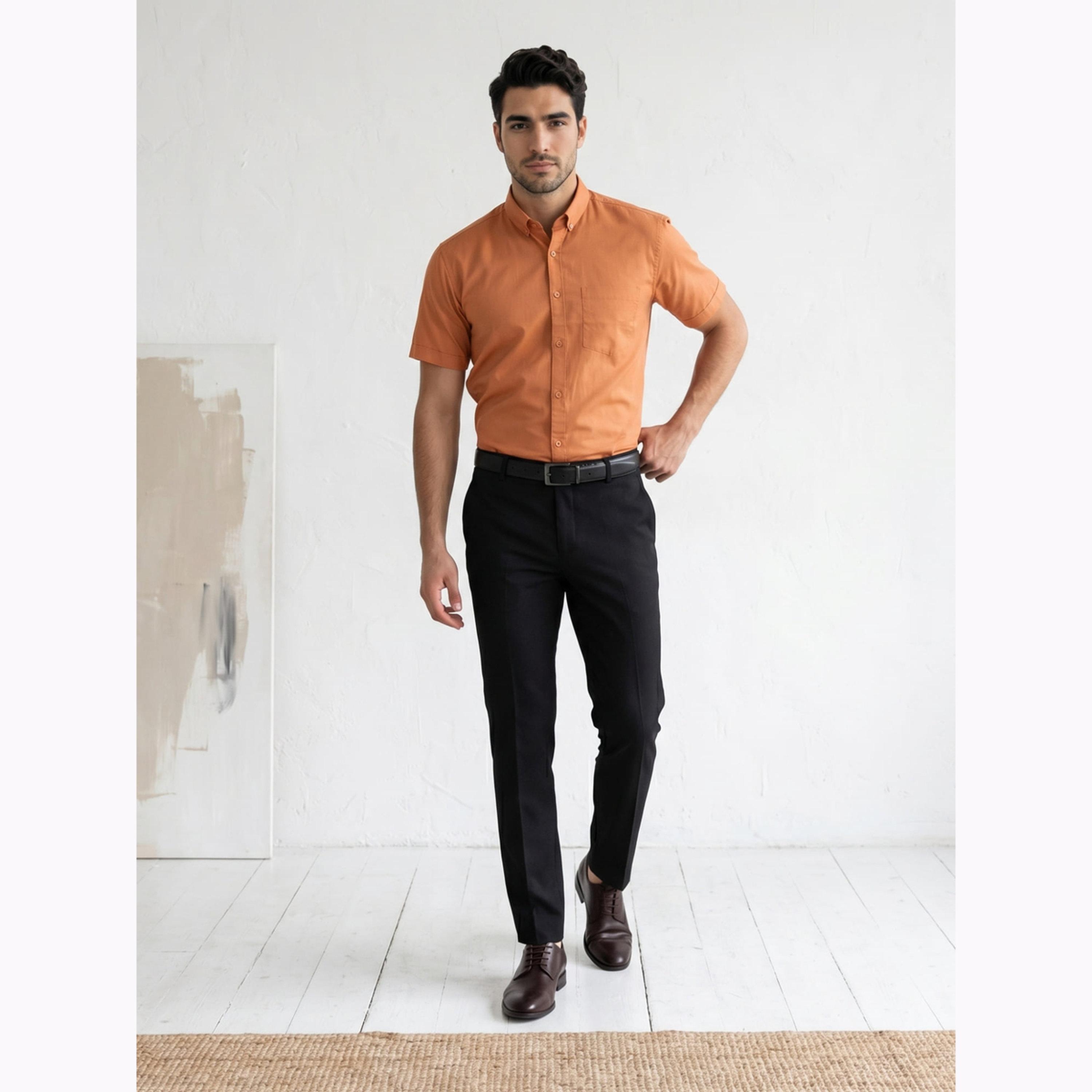 KUONS AVENUE X Styli Men Short Sleeve Orange Oxford Shirt-men-clothing-shirts-image-2