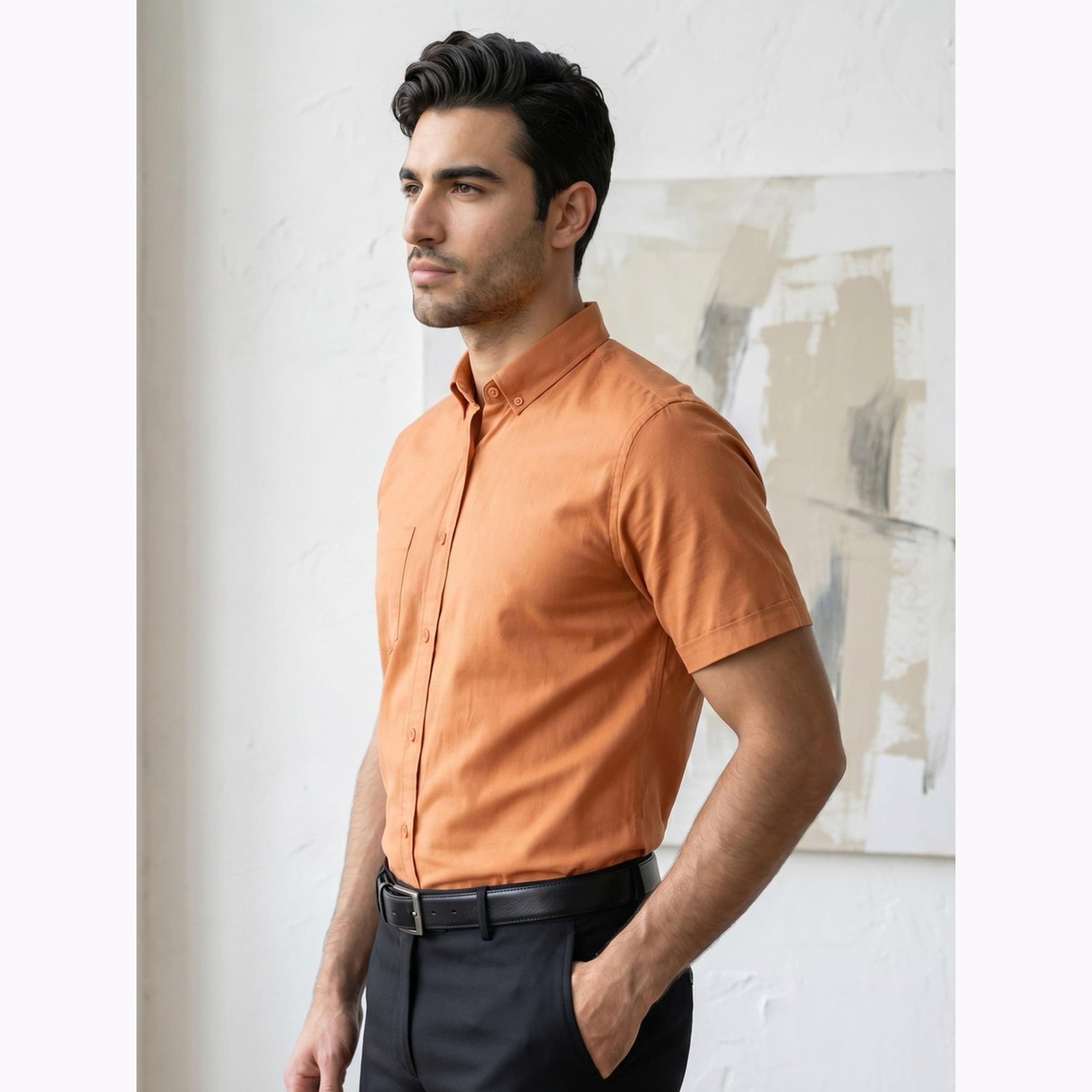 قميص أكسفورد رجالي برتقالي بأكمام قصيرة-men-clothing-shirts-image-4