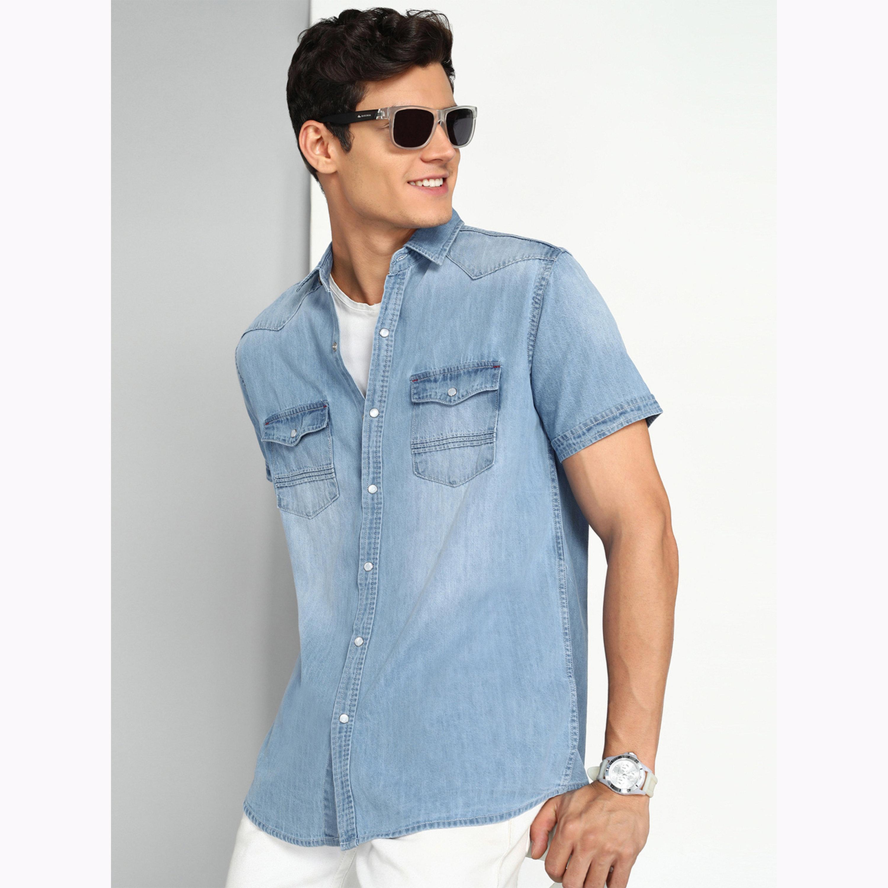 KUONS AVENUE X Styli Men Light Blue Denim Buttoned Shirt-men-clothing-shirts-image-1