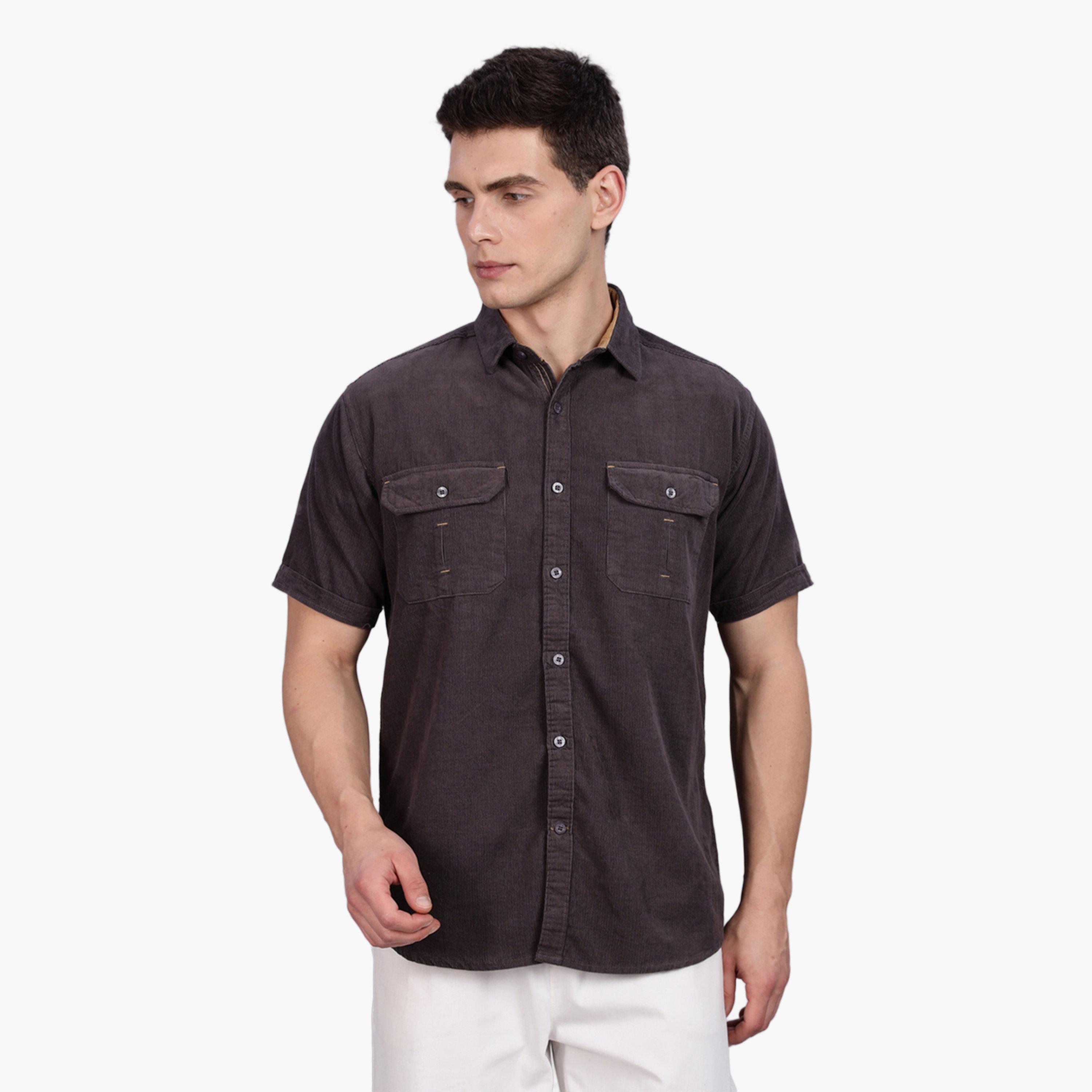 KUONS AVENUE X Styli Men Grey Corduroy Short Sleeve Shirt-men-clothing-shirts-image-1